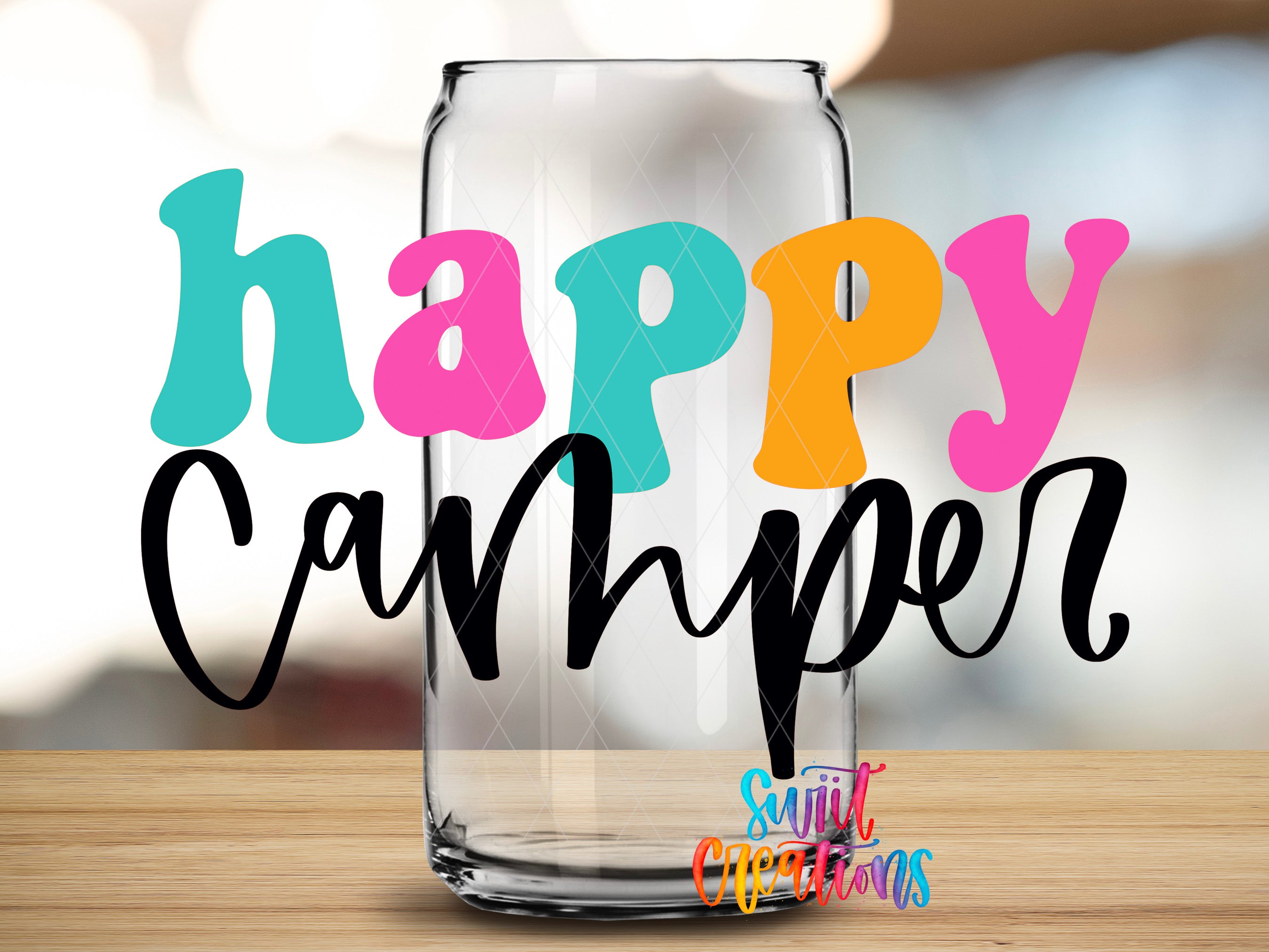 a colorful text overlay on a glass can, which reads "Happy Canning".