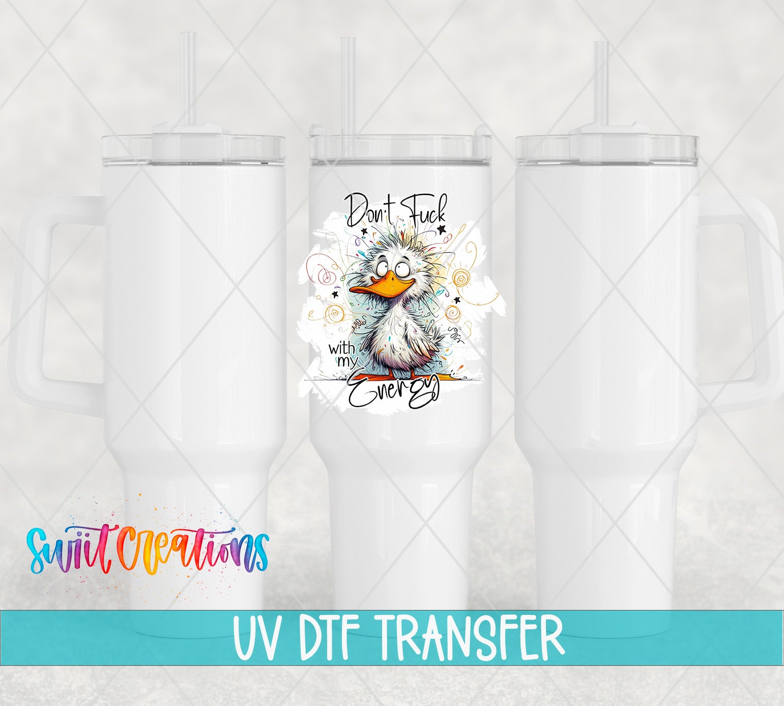 three white tumblers with a colorful duck graphic on the front.