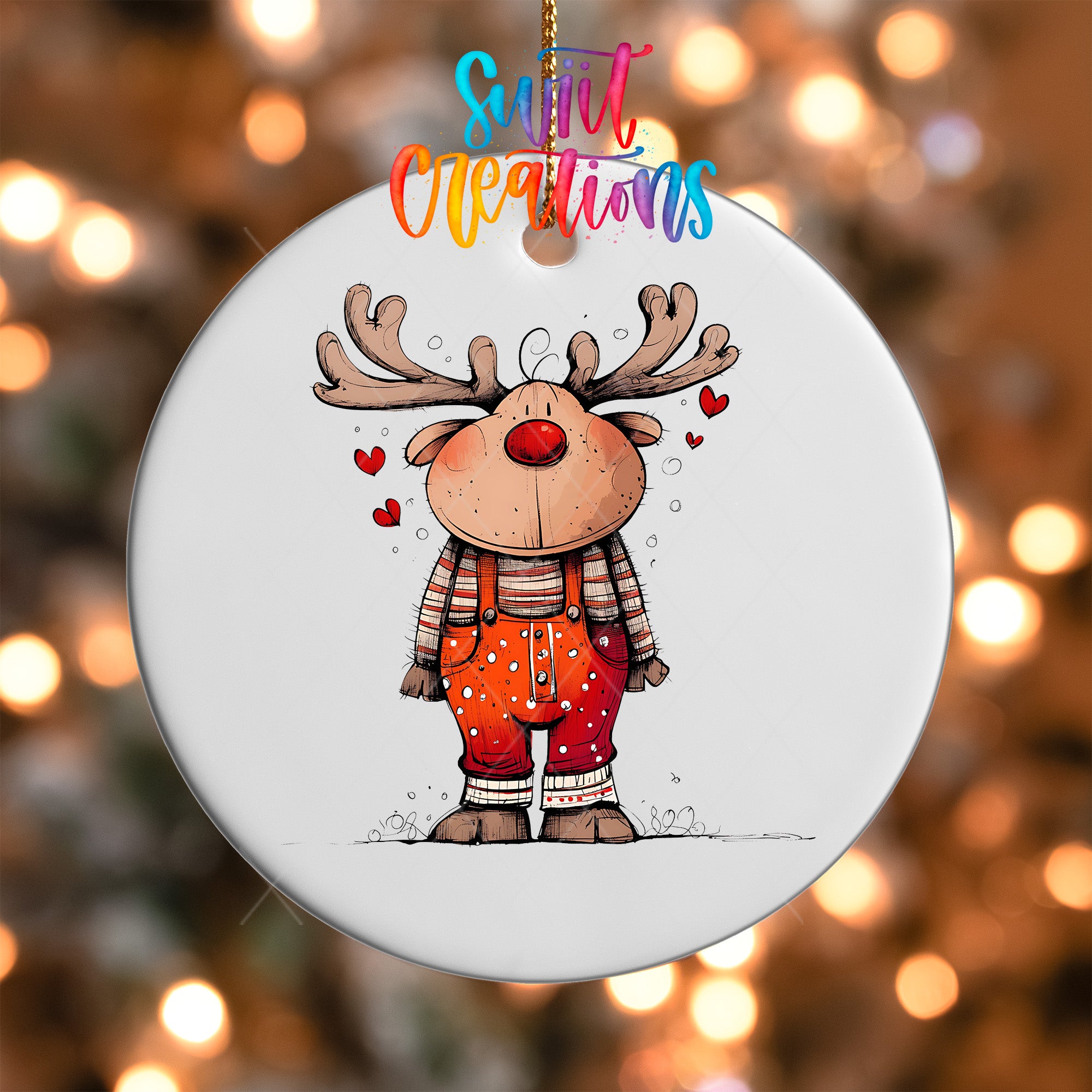 A white ornament featuring a cartoon reindeer with antlers and a red nose, surrounded by hearts.