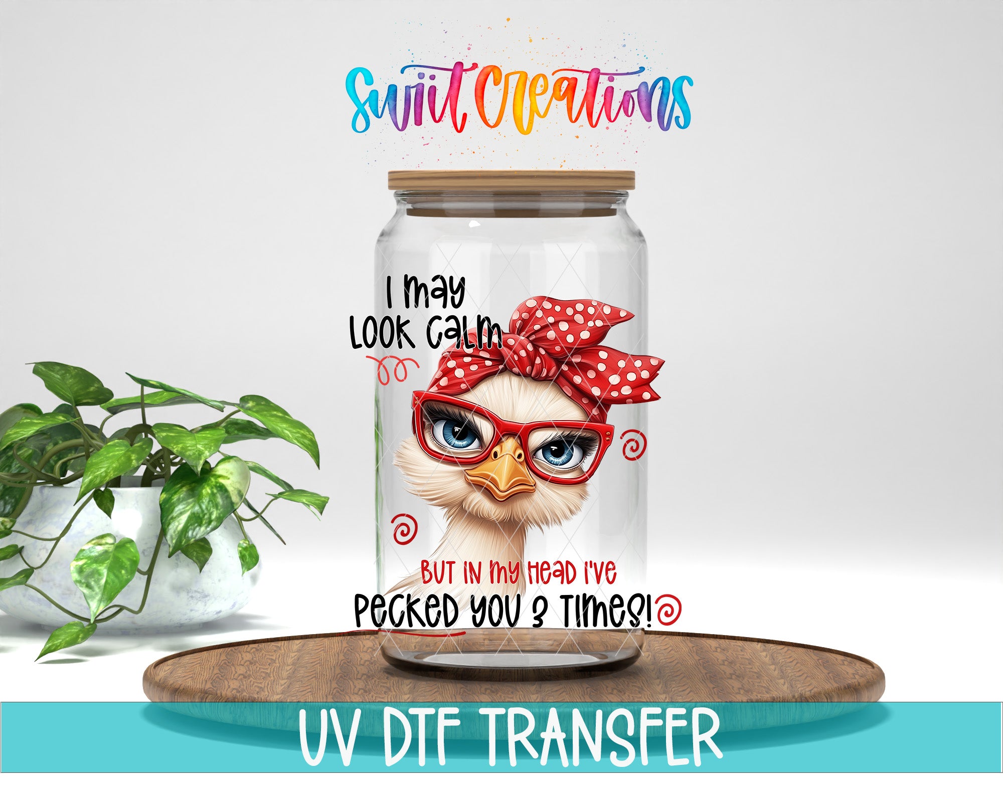 A glass jar with a cartoon image of a bird wearing glasses and a red bow, placed on a wooden surface next to a potted plant.