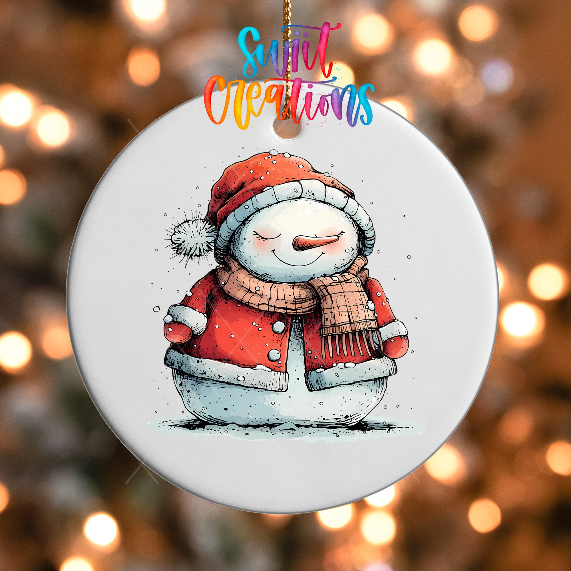 A snowman ornament with a red scarf and hat, wearing a red coat, is hanging against a background of colorful lights.