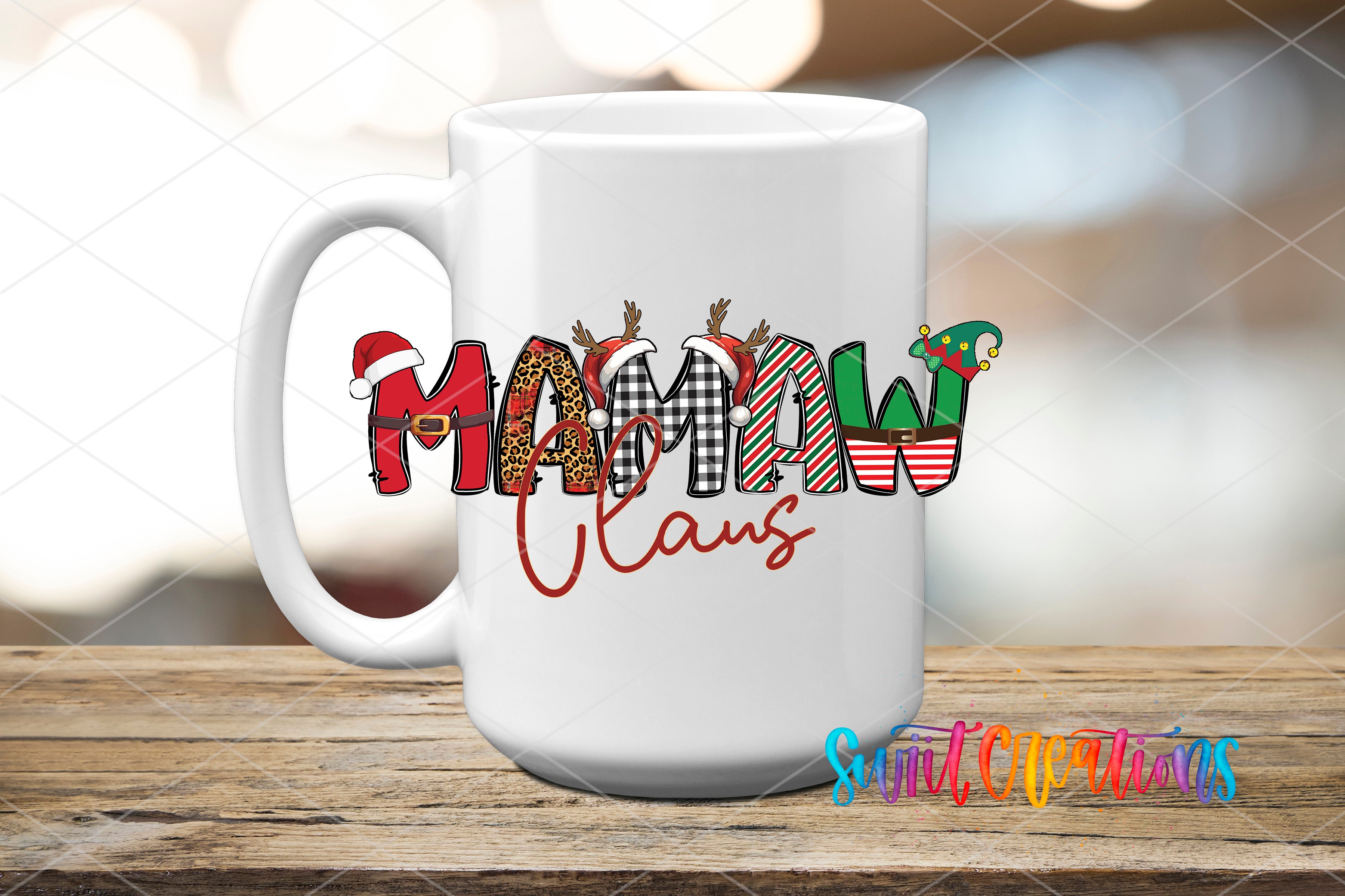 A white ceramic mug with the text "Mamaw Clans" printed on it, featuring various Christmas-themed elements such as Santa hats, reindeer, and snowflakes.