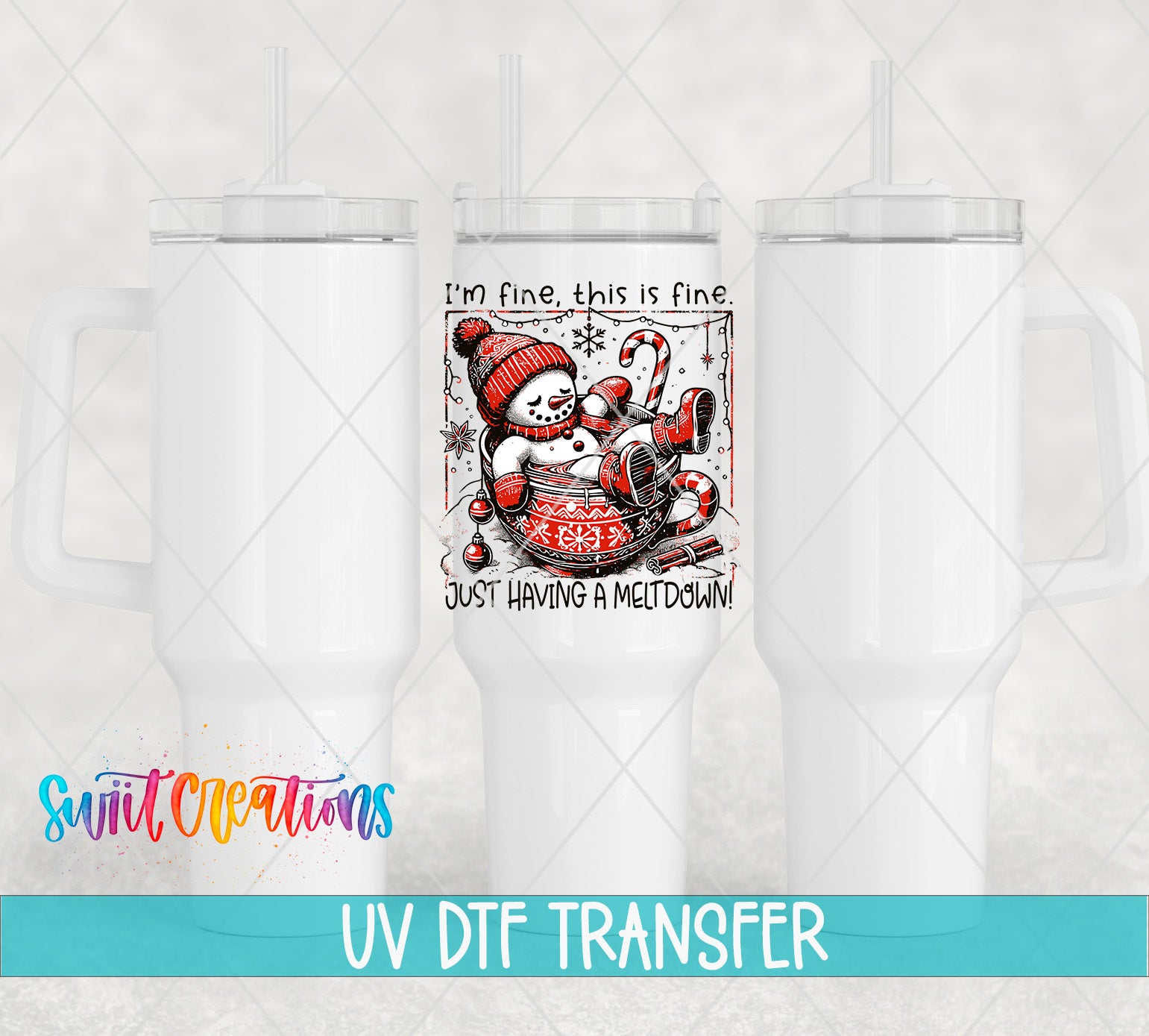 a white tumbler with a printed design on it, including a snowman and Christmas decorations.