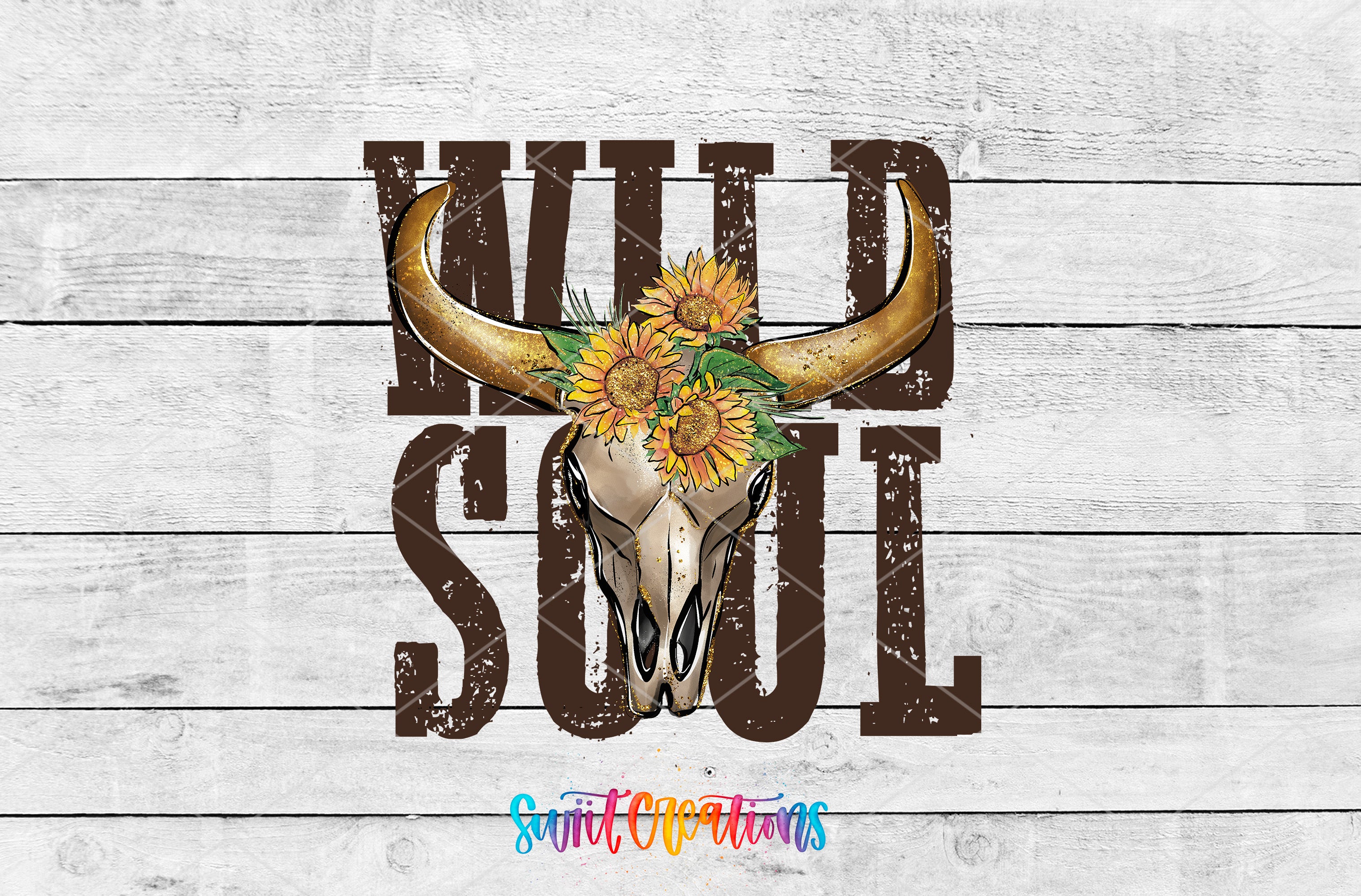 a stylized illustration of a bull's head with sunflowers, accompanied by the text "WILD SOUL" in a distressed font.