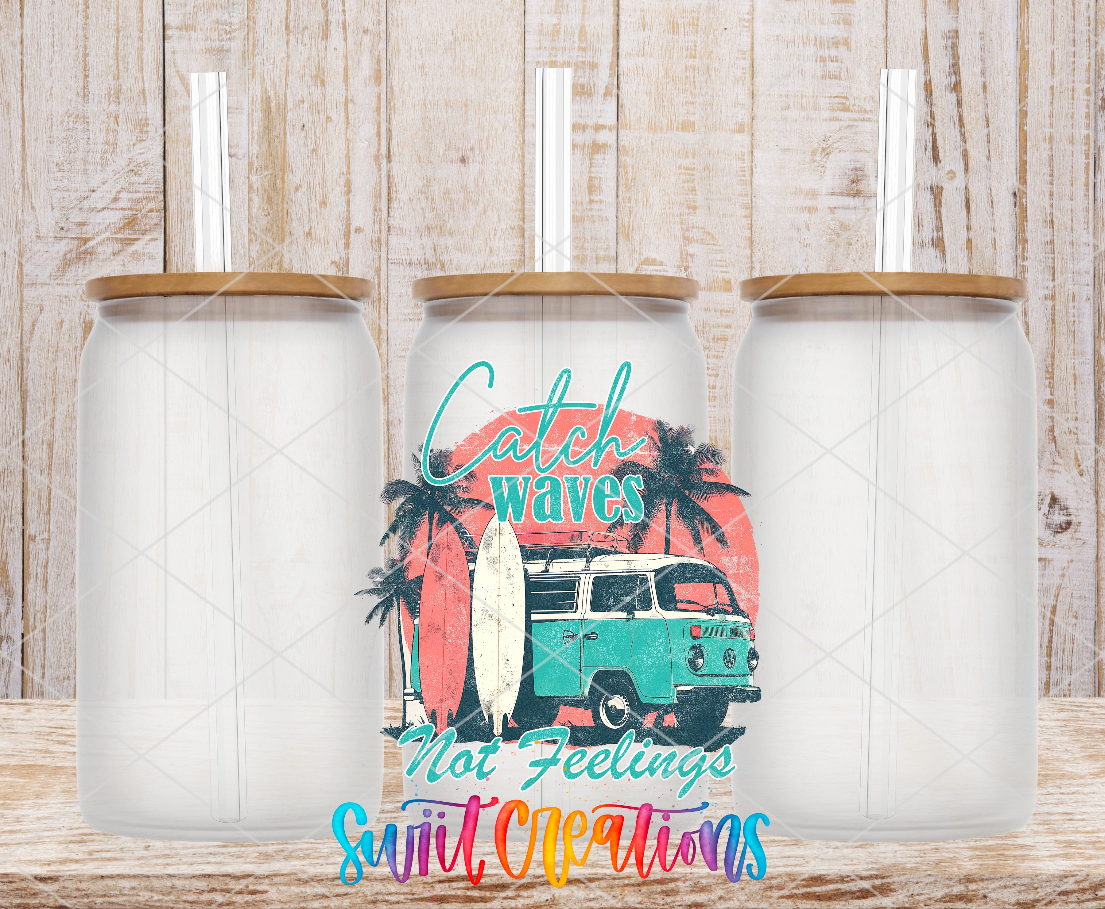 three clear glass jars with straws, each containing a straw. The jars are placed on a wooden surface. In the center of the image, there is a graphic design that includes a surfboard and a palm tree, along with the text "Catch waves not feelings sweet creations".