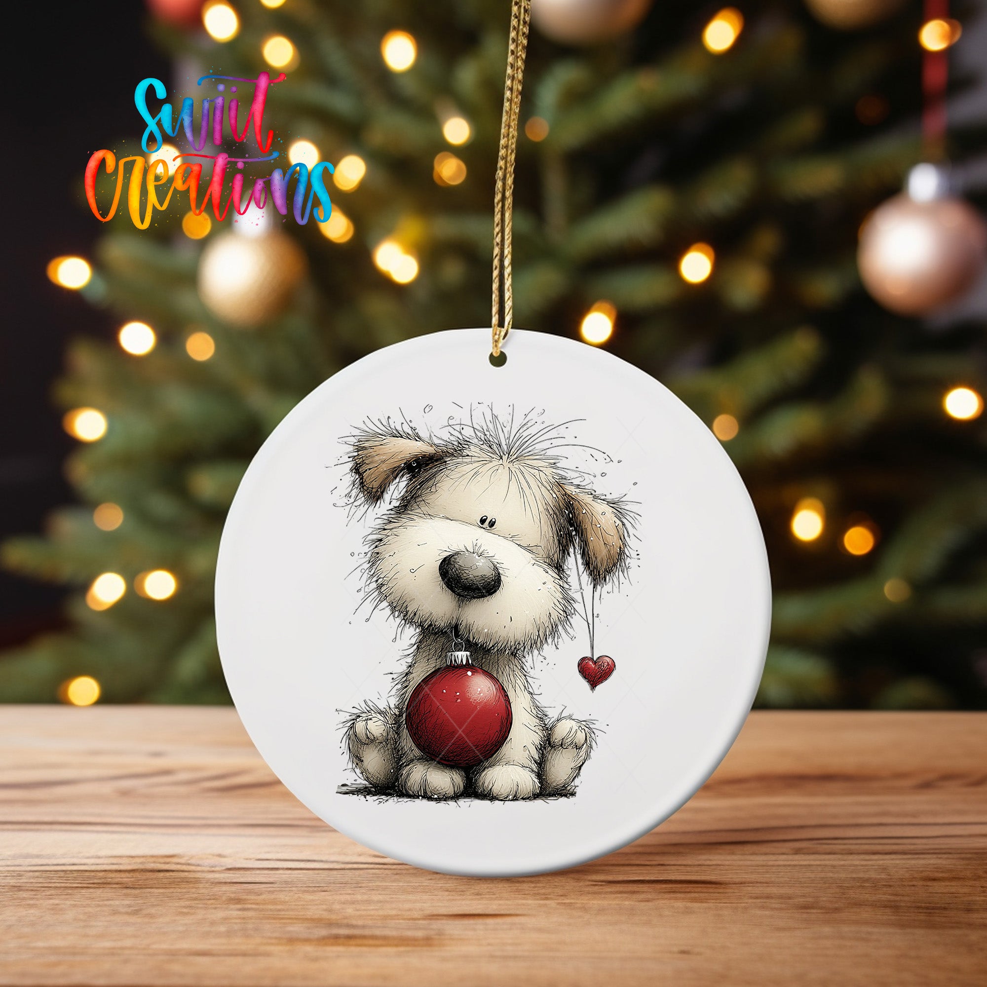A white ceramic ornament featuring a cartoon image of a dog holding a red heart-shaped ornament.