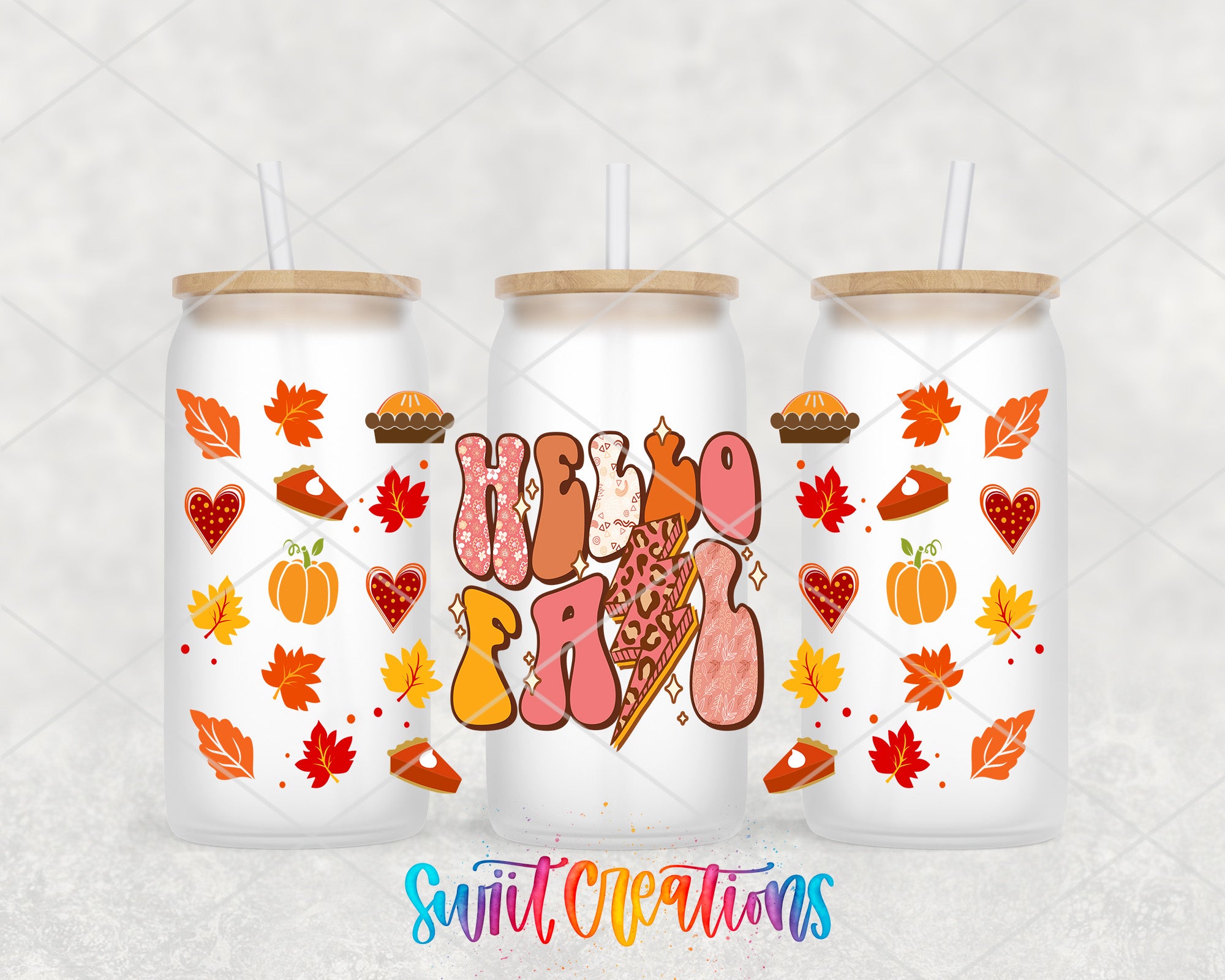 three white glass tumblers with colorful autumn-themed designs and the text "Hello Fall" printed on them.