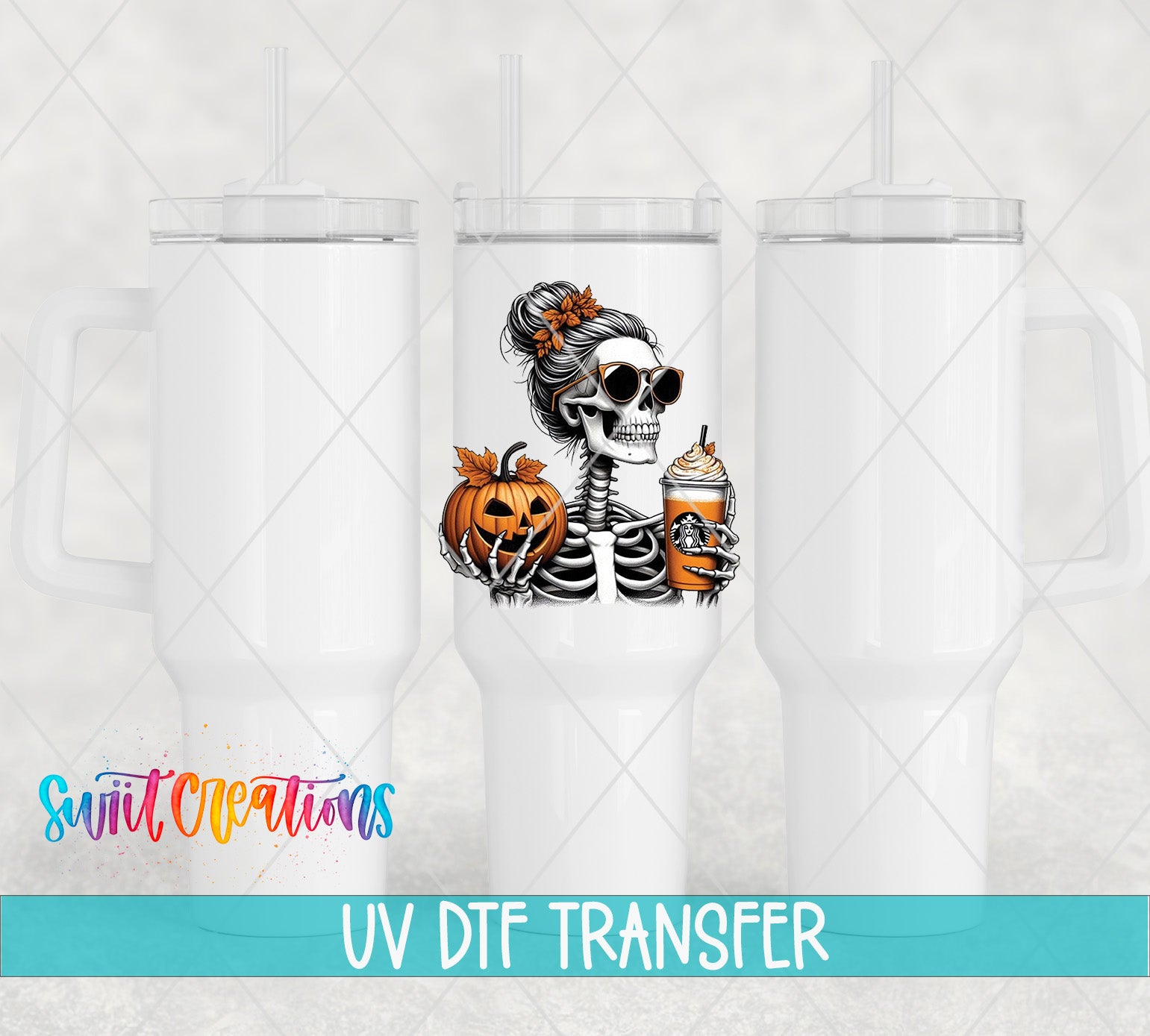 a white ceramic mug with a Halloween-themed design, including a skeleton holding a pumpkin and a drink.
