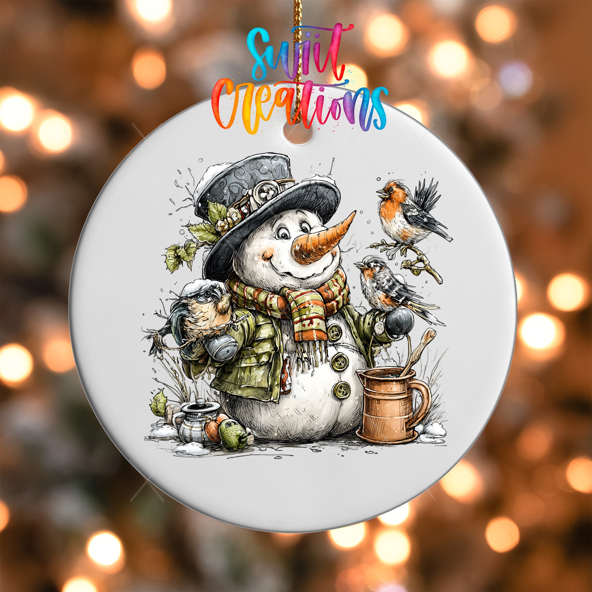 A snowman ornament with a bird perched on its shoulder, surrounded by various winter-themed elements such as a cup, a bird, and a scarf.
