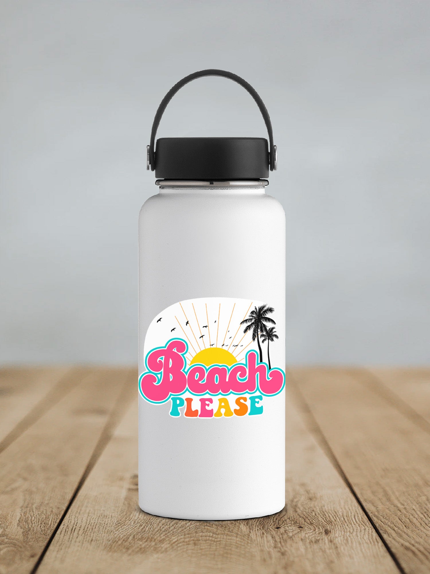 a white water bottle sitting on top of a wooden table