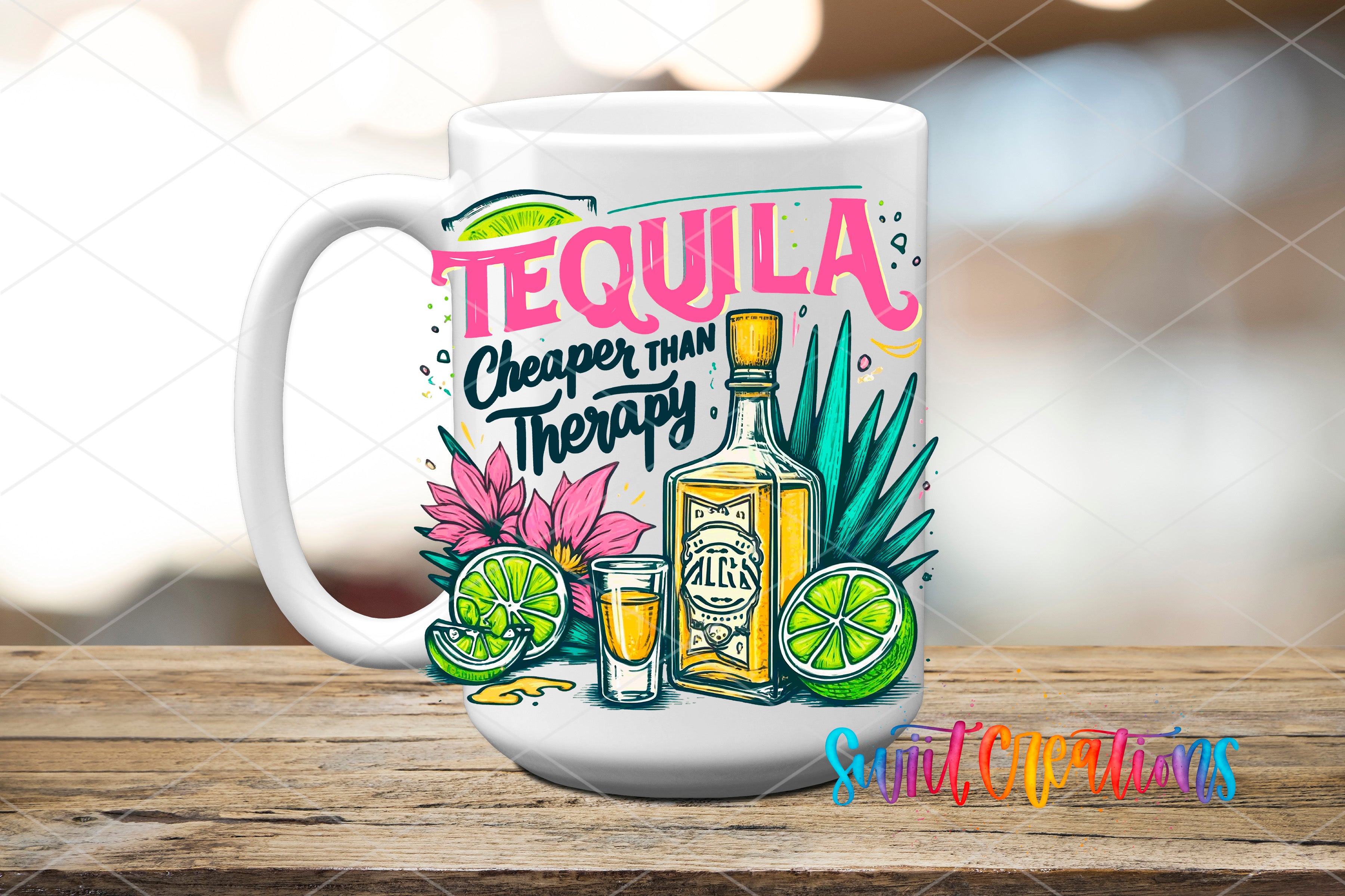 A white mug with a colorful design featuring a tequila bottle, lime slices, and flowers, along with the text "Tequila Cheaper Than Therapy" and the phrase "Suit Yourself" written on it.