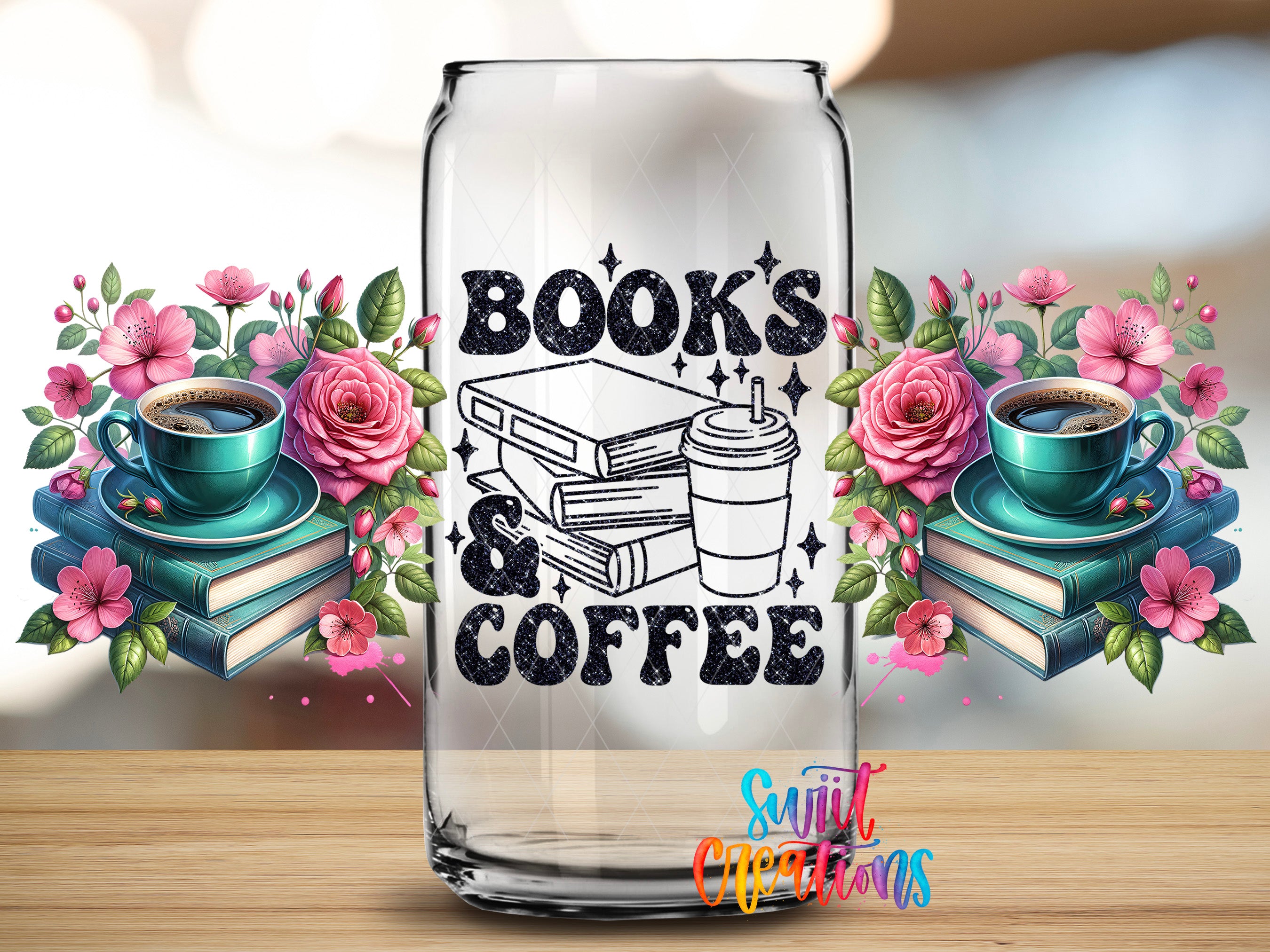 A glass can with the text "BOOKS & COFFEE" printed on it, surrounded by illustrations of books, flowers, and coffee cups.