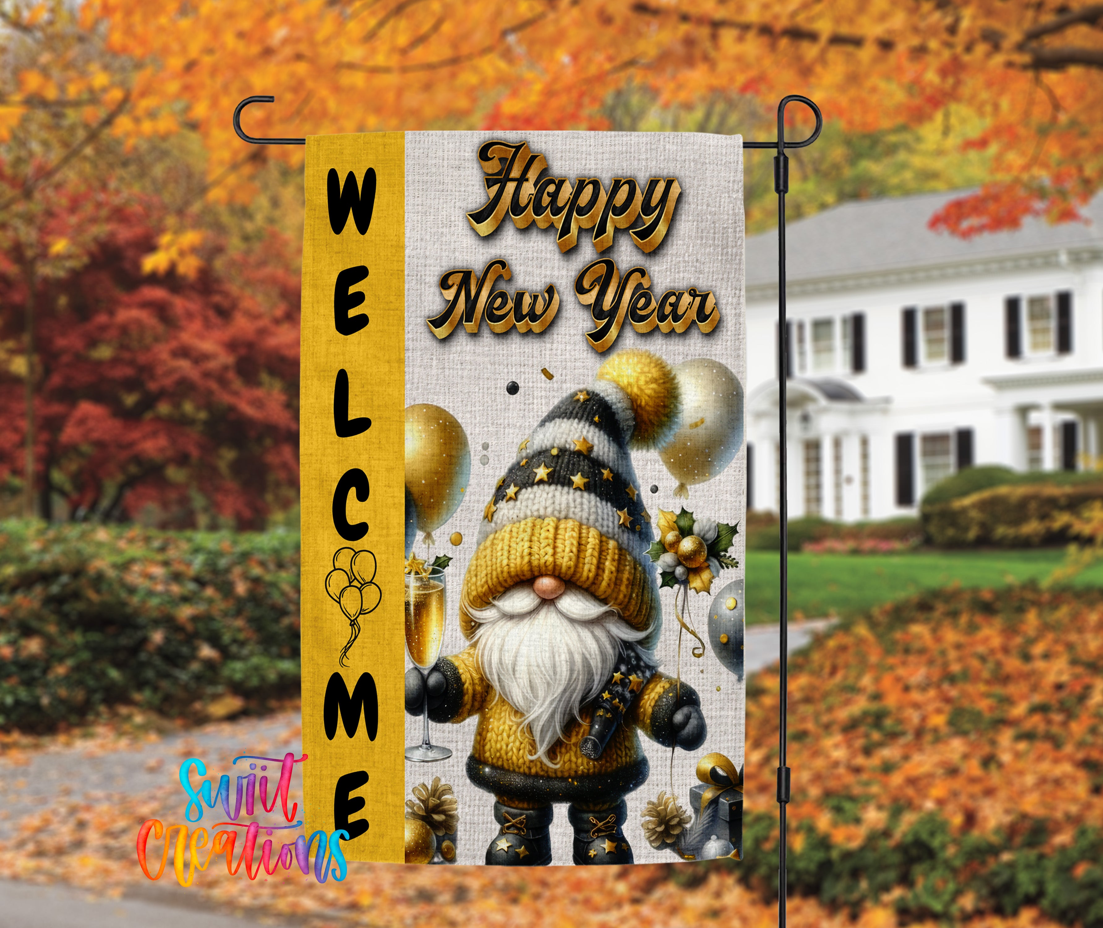 A welcome sign featuring a gnome wearing a hat and holding a champagne glass, surrounded by gold and red decorations, with a house and autumn trees in the background.