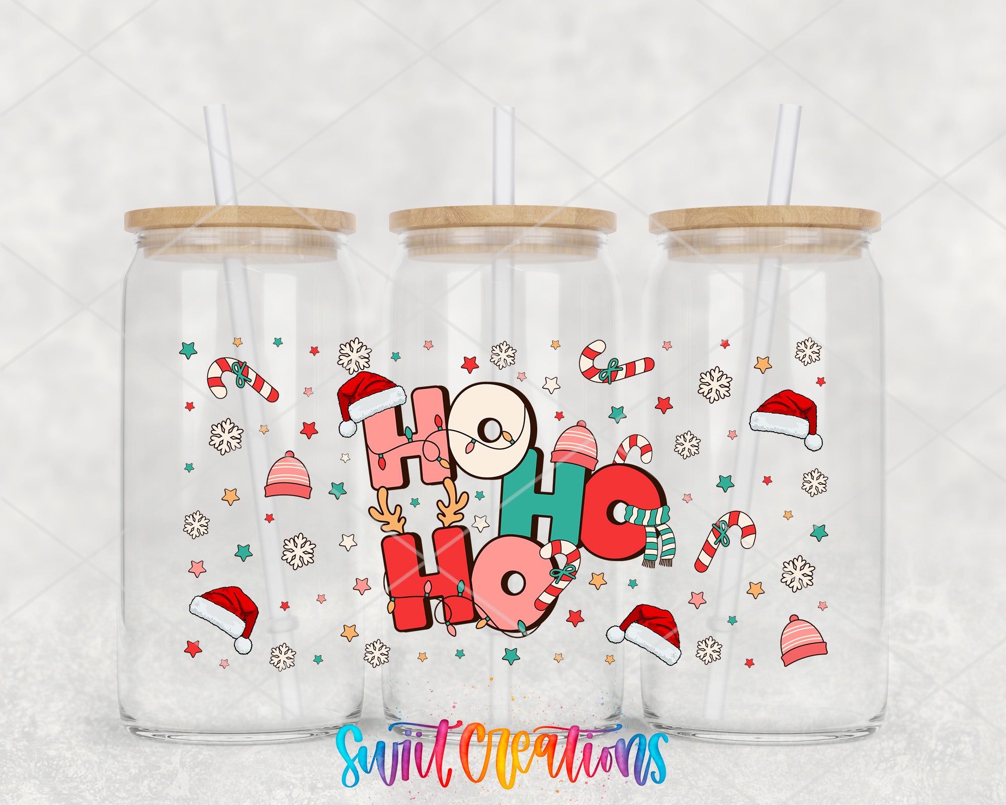 A collection of three clear glass jars with wooden lids, each decorated with a festive design featuring the text "HOOKY HOOKY HOOKY" surrounded by various Christmas-themed elements such as snowflakes, candy canes, and Santa hats.