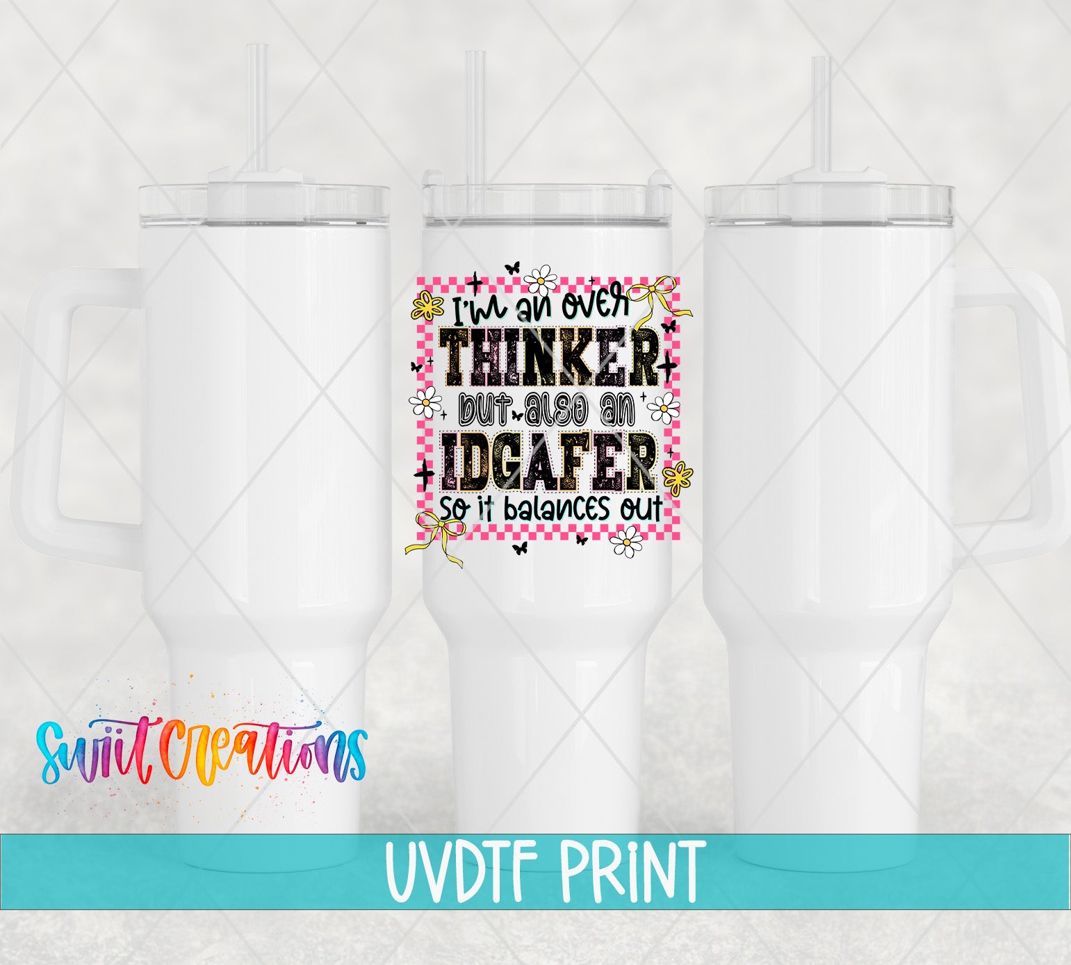 a white tumbler with a printed design on it, including text and decorative elements.
