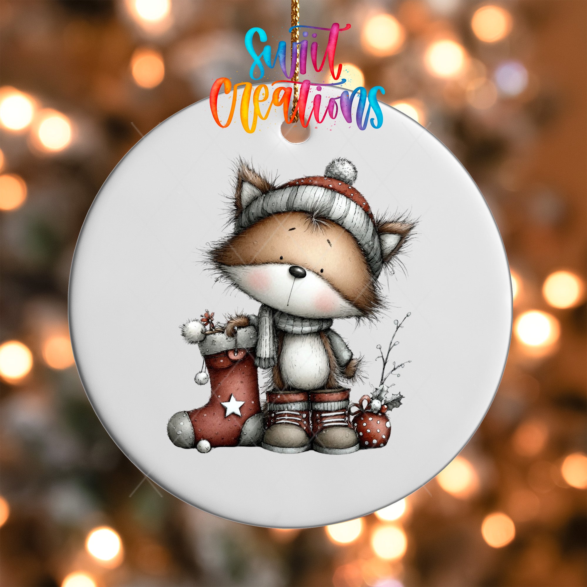 A white ornament with a cartoon illustration of a cat wearing a hat and holding a stocking, surrounded by Christmas decorations.