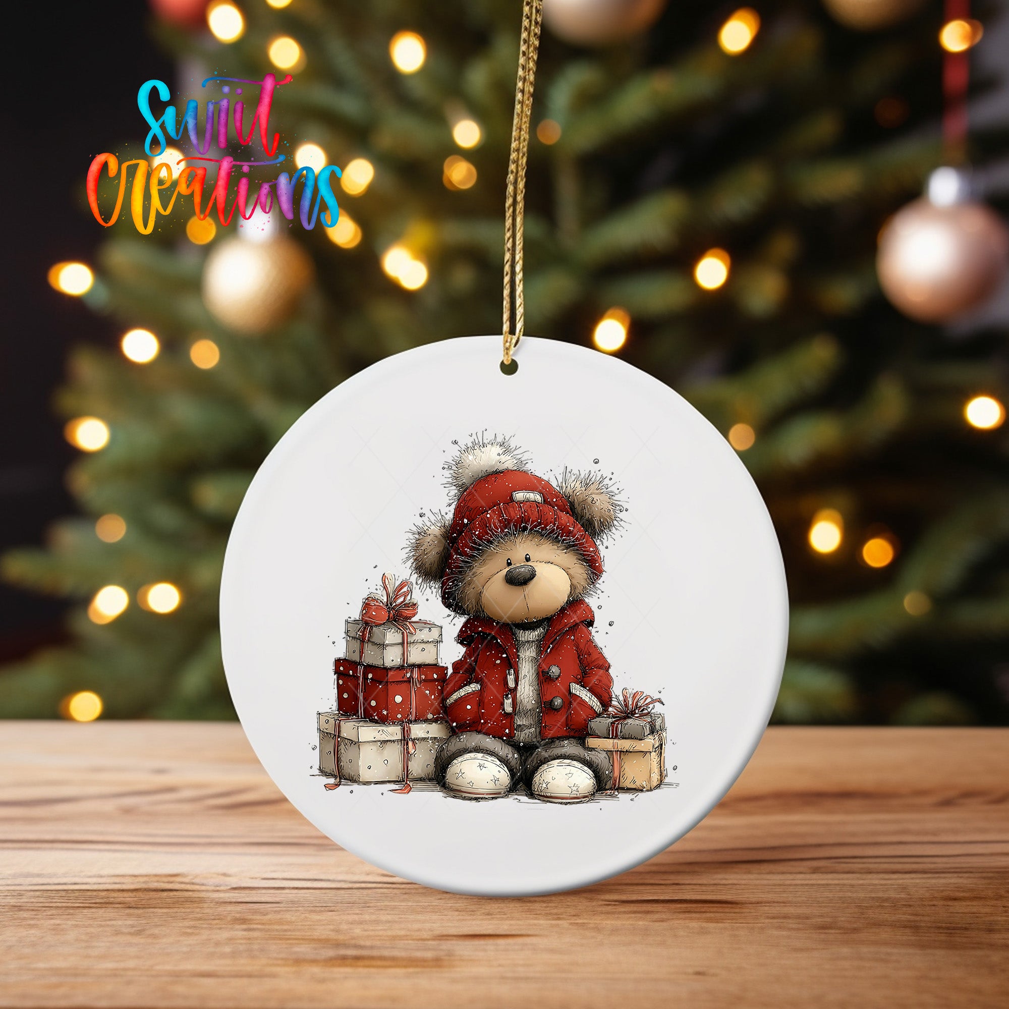 A white oval ornament featuring a teddy bear wearing a red coat and holding presents, with a Christmas tree in the background.