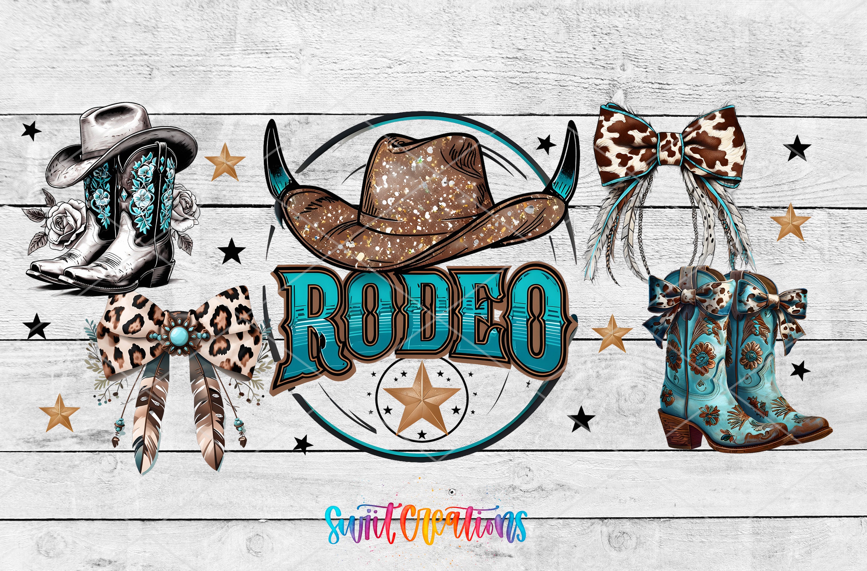 The image is a collage featuring various western-themed elements, including cowboy hats, boots, and bows, along with the word "Rodeo" prominently displayed.