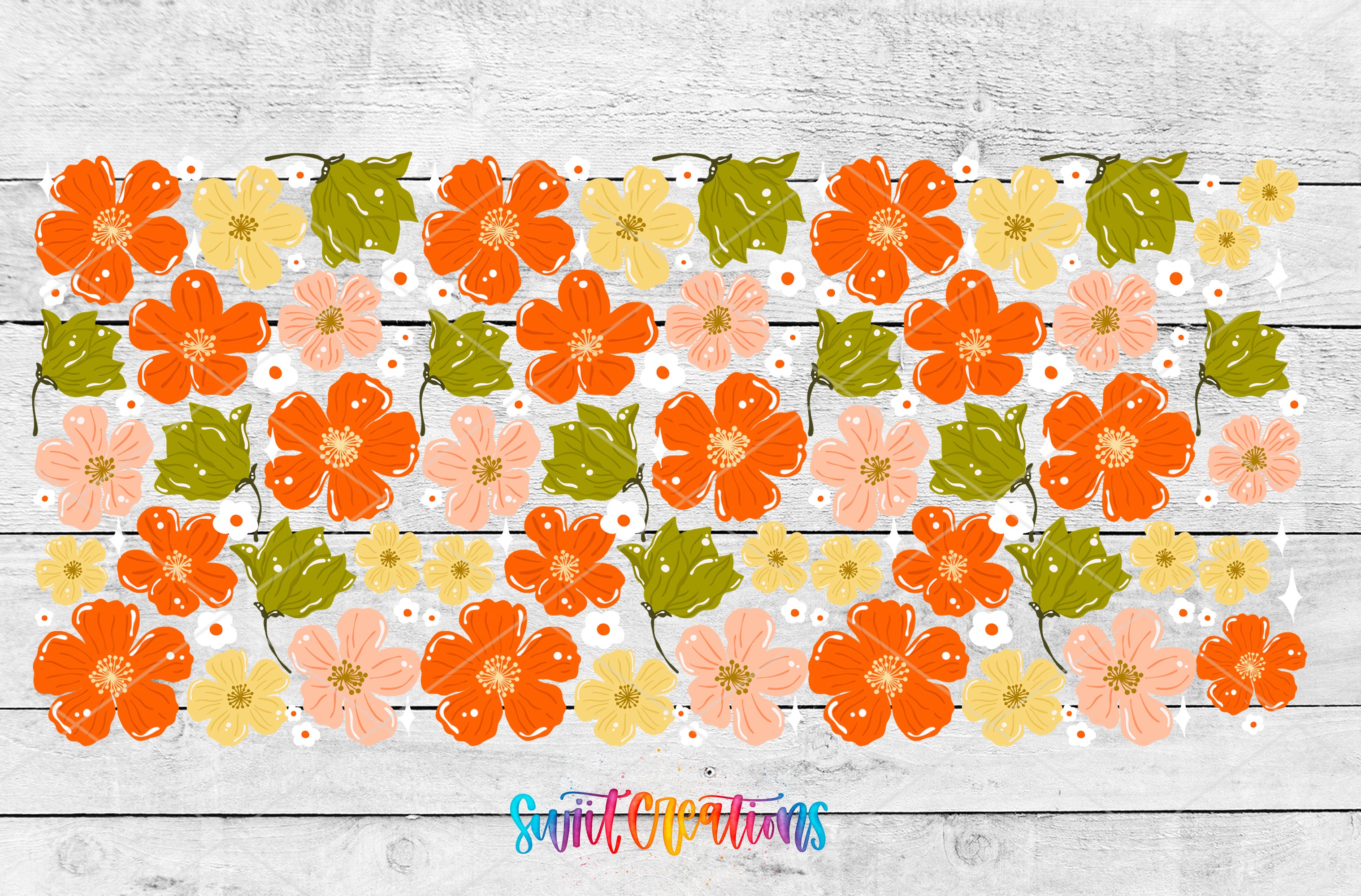 The image is a collage of various colorful flowers and leaves arranged on a wooden background.