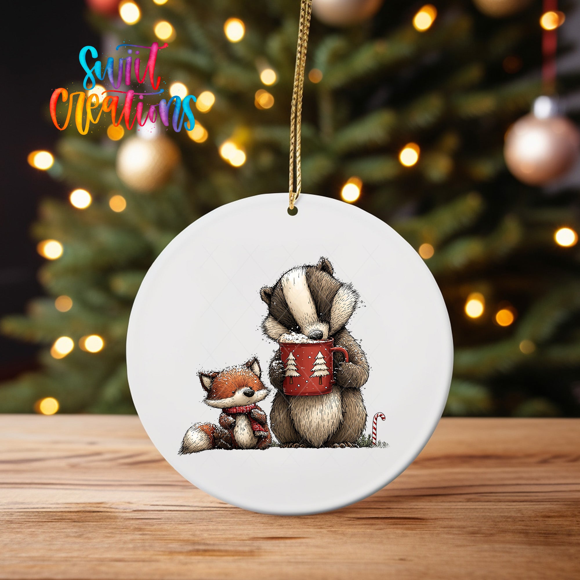 A white oval ornament featuring an illustration of a badger and a fox, with the badger holding a mug of hot chocolate.