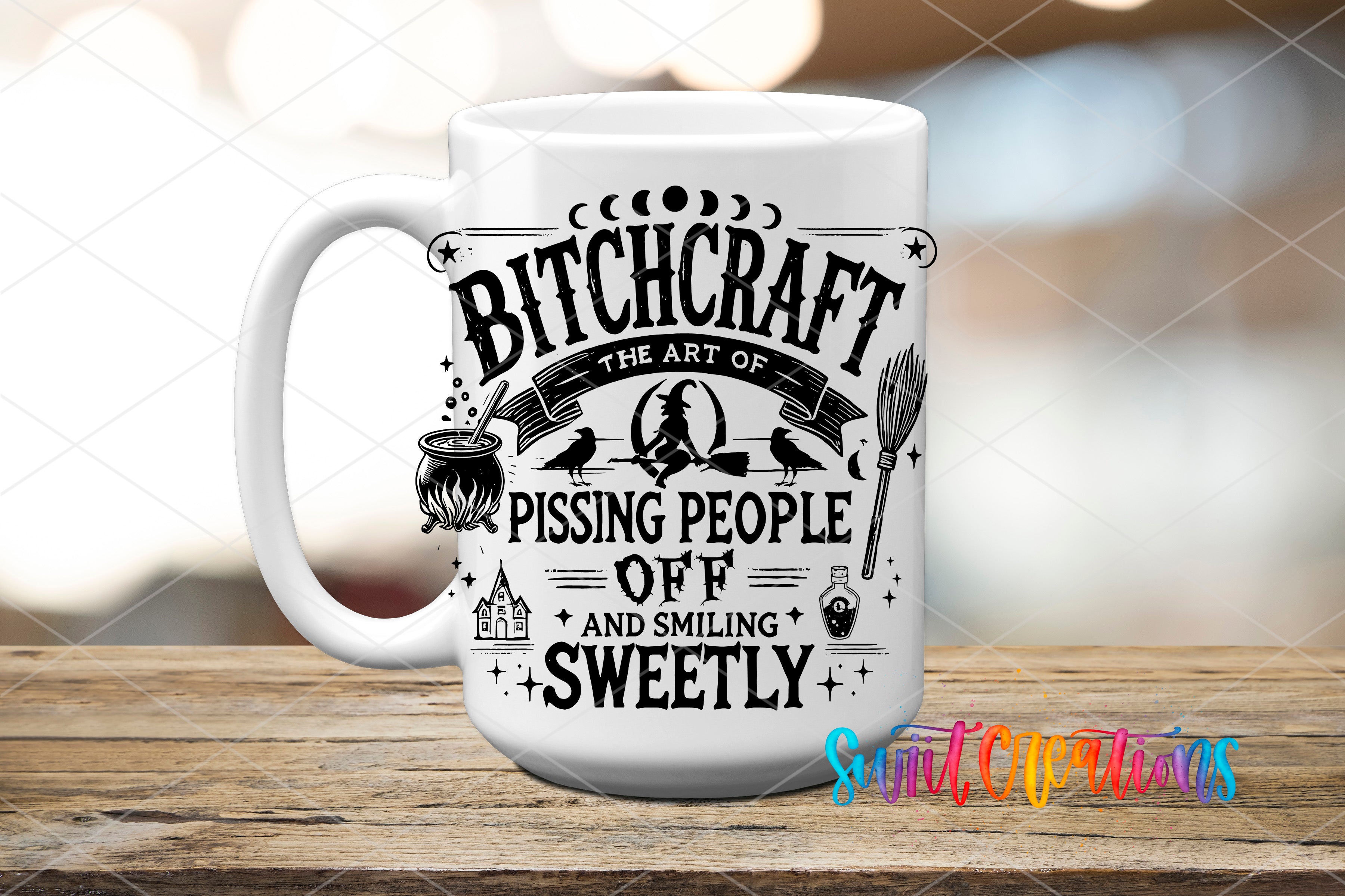 A white mug with a black and white design featuring text and illustrations related to witchcraft and humor.