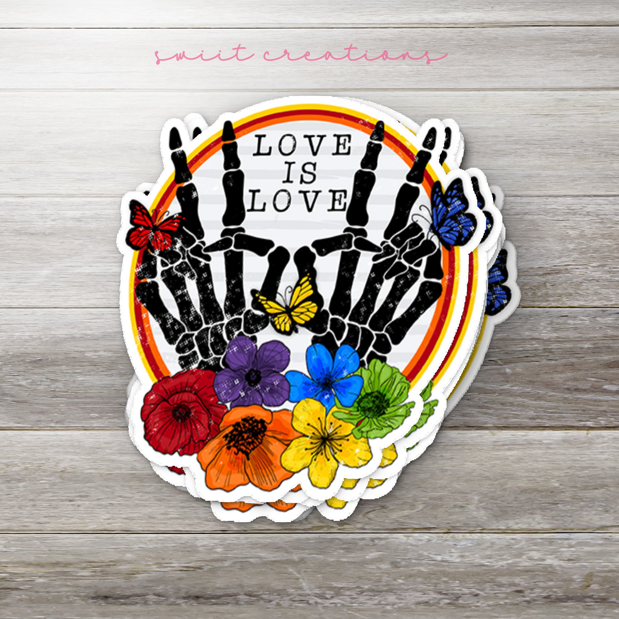 a sticker with a peace sign and flowers on it