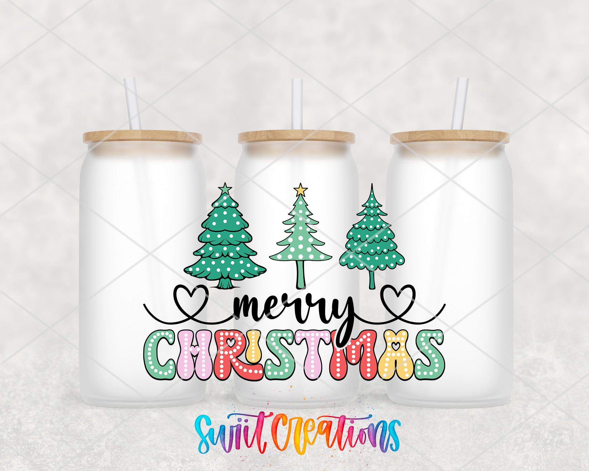 three white tumblers with Christmas tree designs and the text "Merry Christmas" written on them.