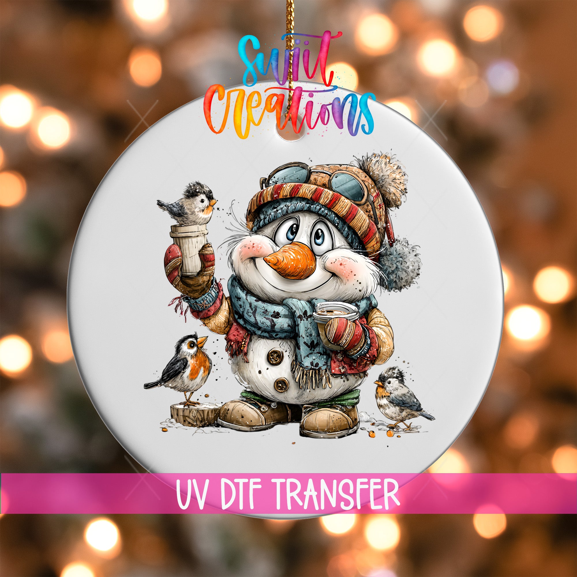 A snowman ornament with a bird perched on its shoulder, wearing a hat and scarf, and holding a cup.