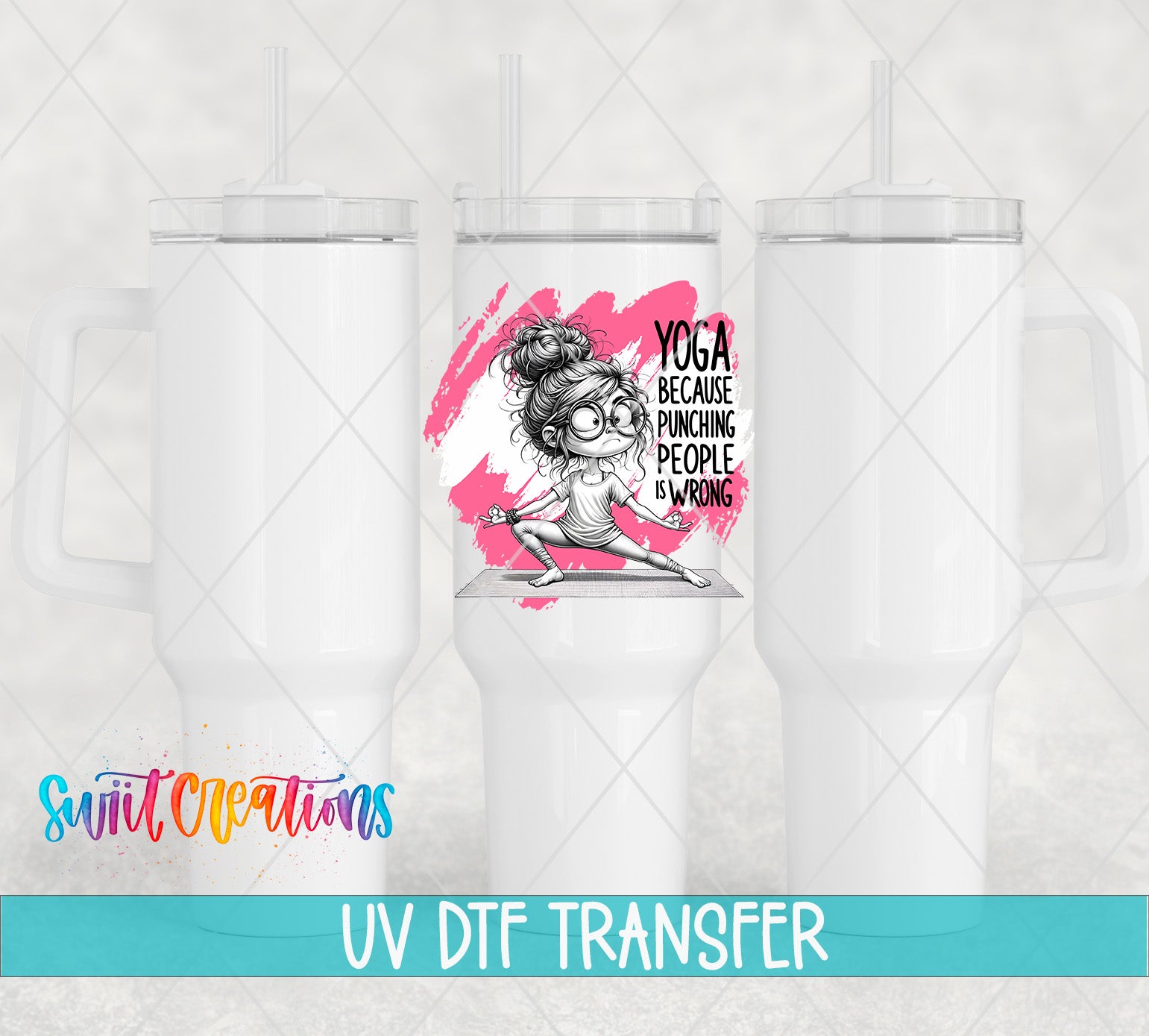 The image is a digital transfer of a yoga-themed mug with a printed design on it.