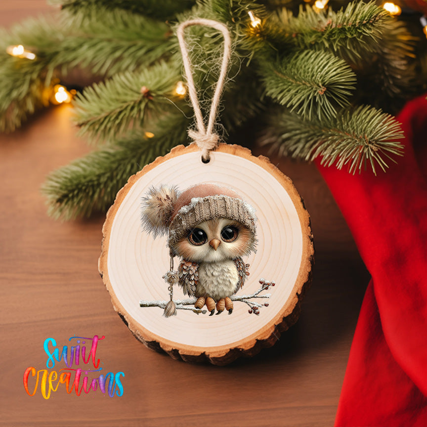 A wooden ornament featuring a cartoon owl wearing a hat and sitting on a branch, hanging on a Christmas tree.