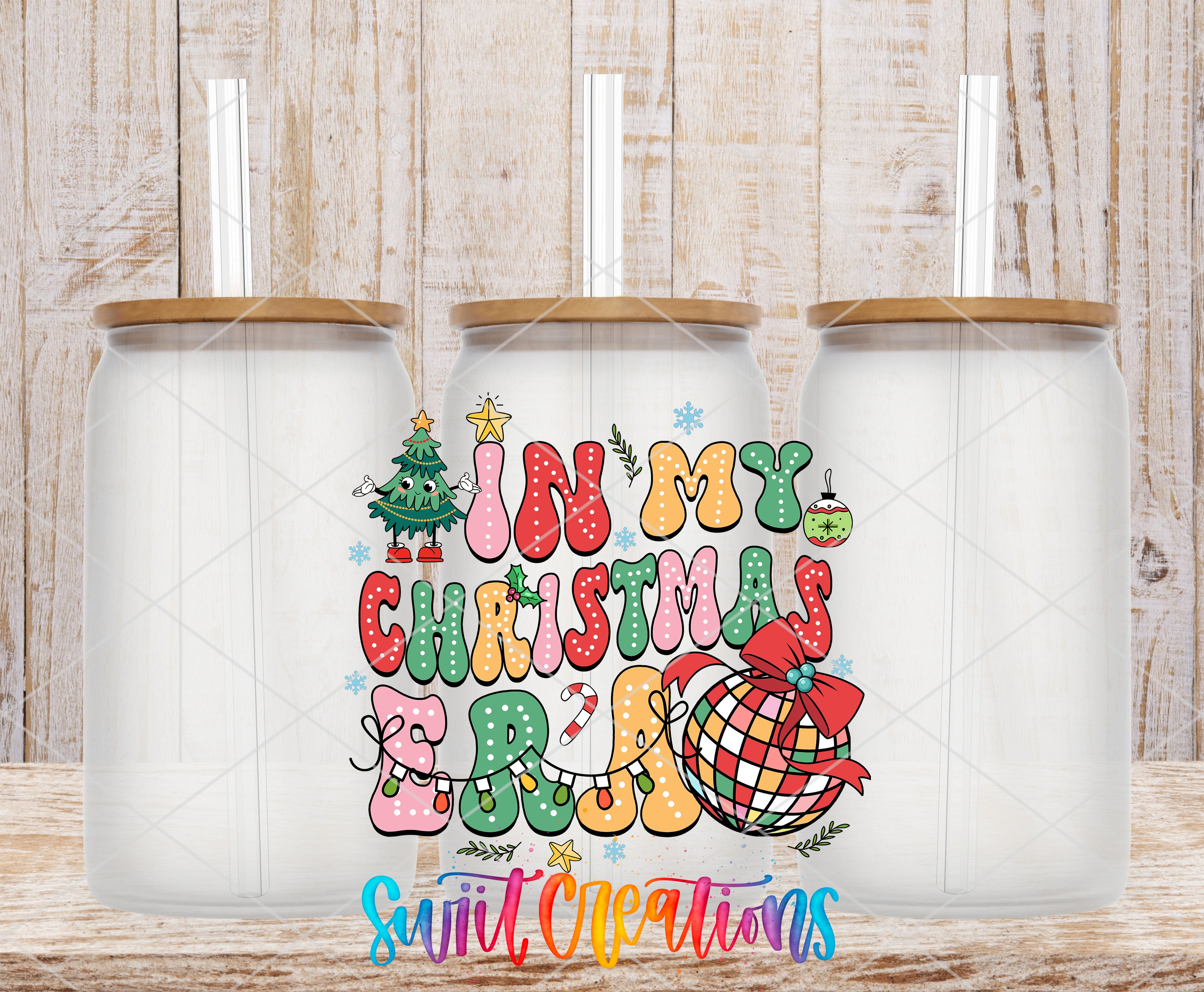 A collage of three glass jars with lids, each containing a straw, set against a wooden background. The jars are arranged in a row, and the text "IN MY CHRISTMAS ESPRESSO" is displayed prominently in the center of the image.
