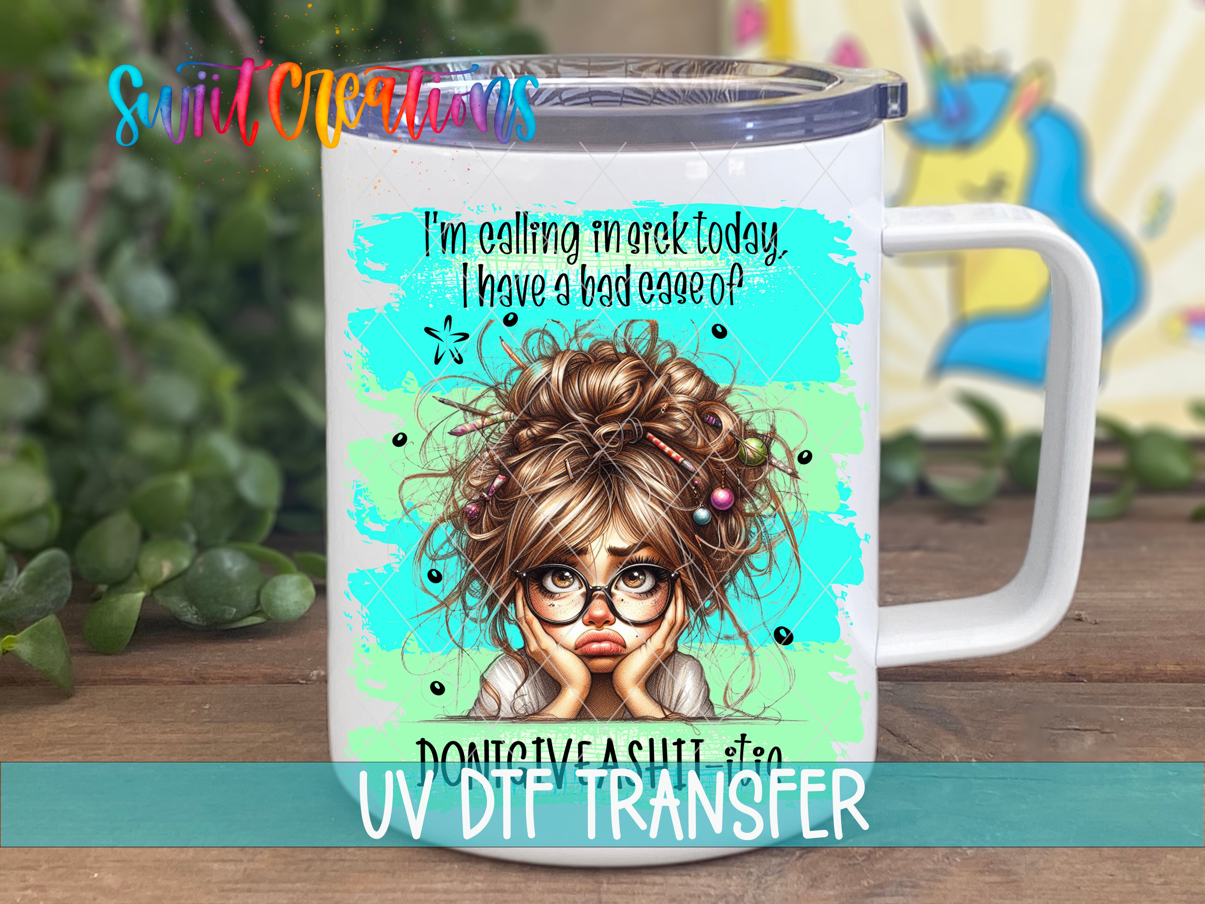 A white mug with a colorful illustration of a woman with curly hair and glasses, along with text that reads "I'm calling more today. I have a bad case of it".