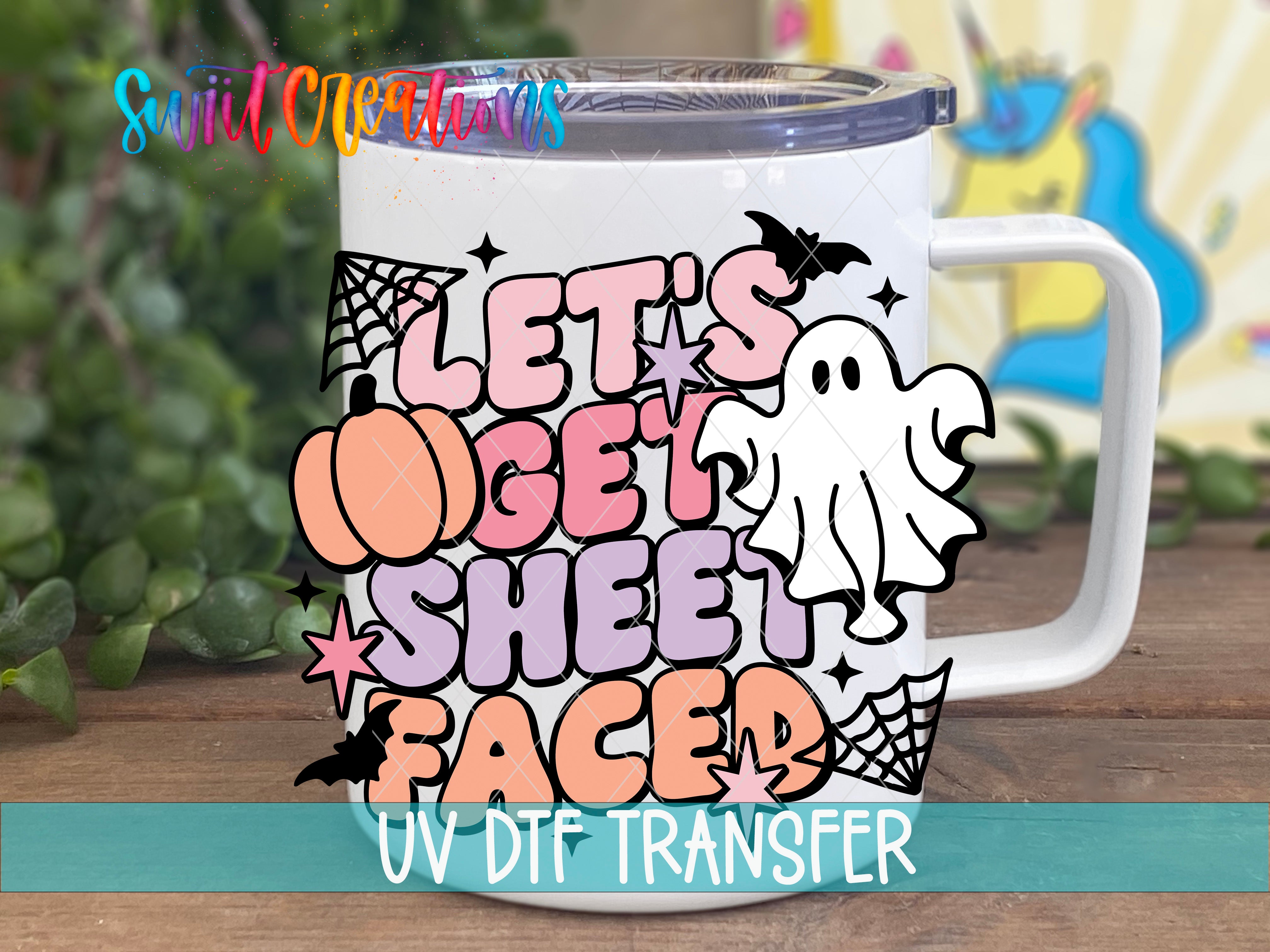 A mug with a Halloween-themed design featuring a ghost, spider web, and text that says "Let's get sheet face".