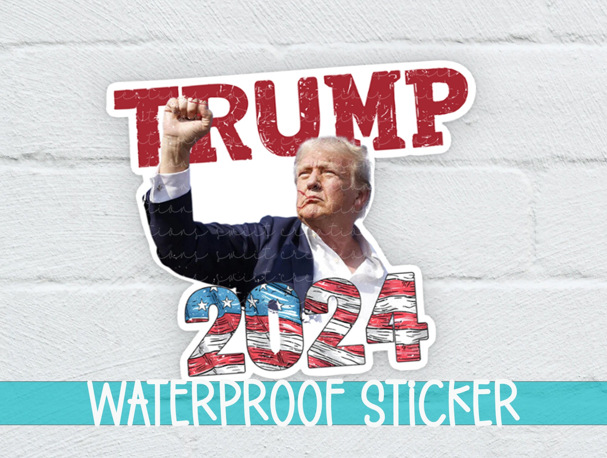 a picture of a person holding a sticker in front of a brick wall