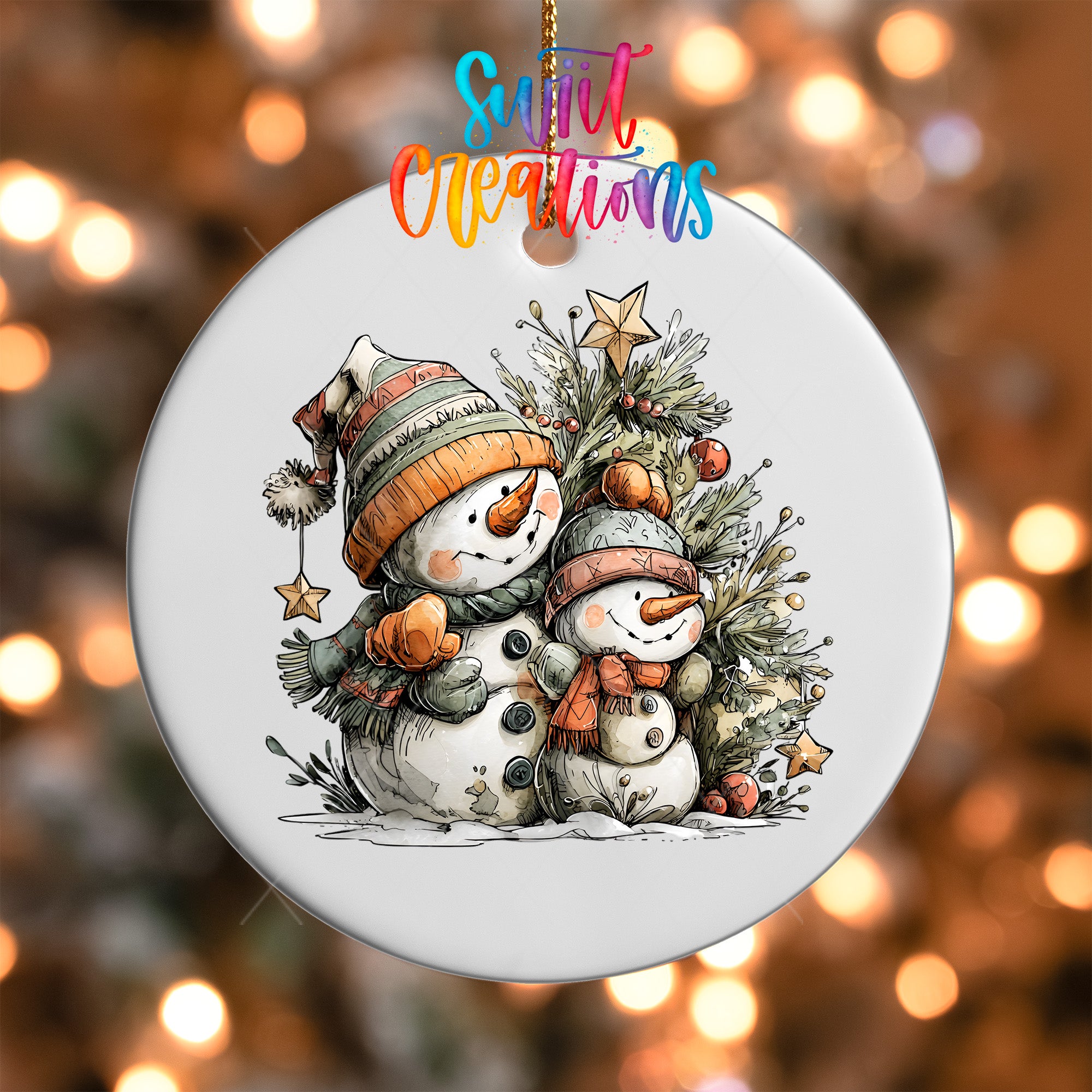 A snowman and a snowman ornament are depicted on a white circular ornament, with a colorful background of lights.