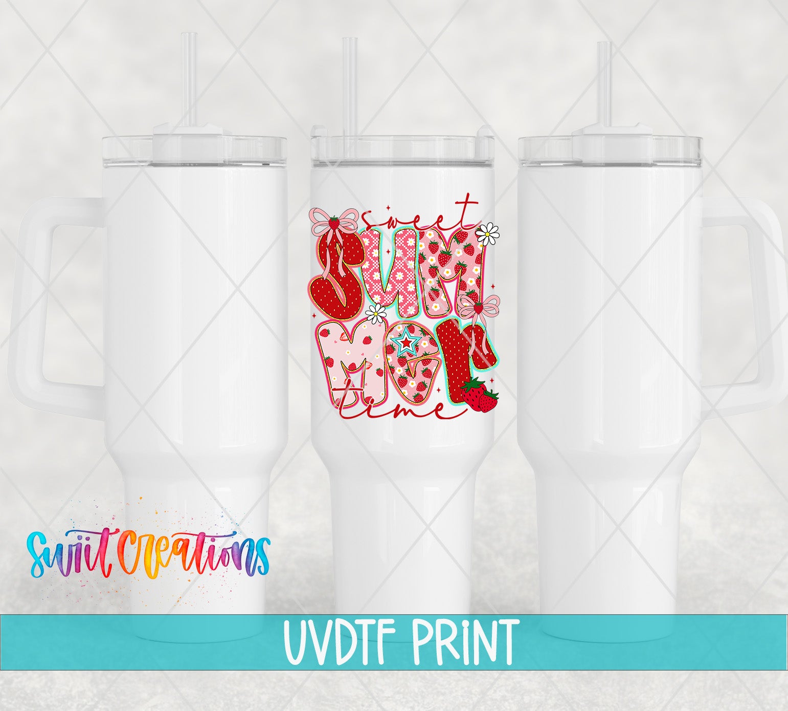 three white tumblers with colorful designs and straws, and the text "UVDF PRINT" is displayed below them.