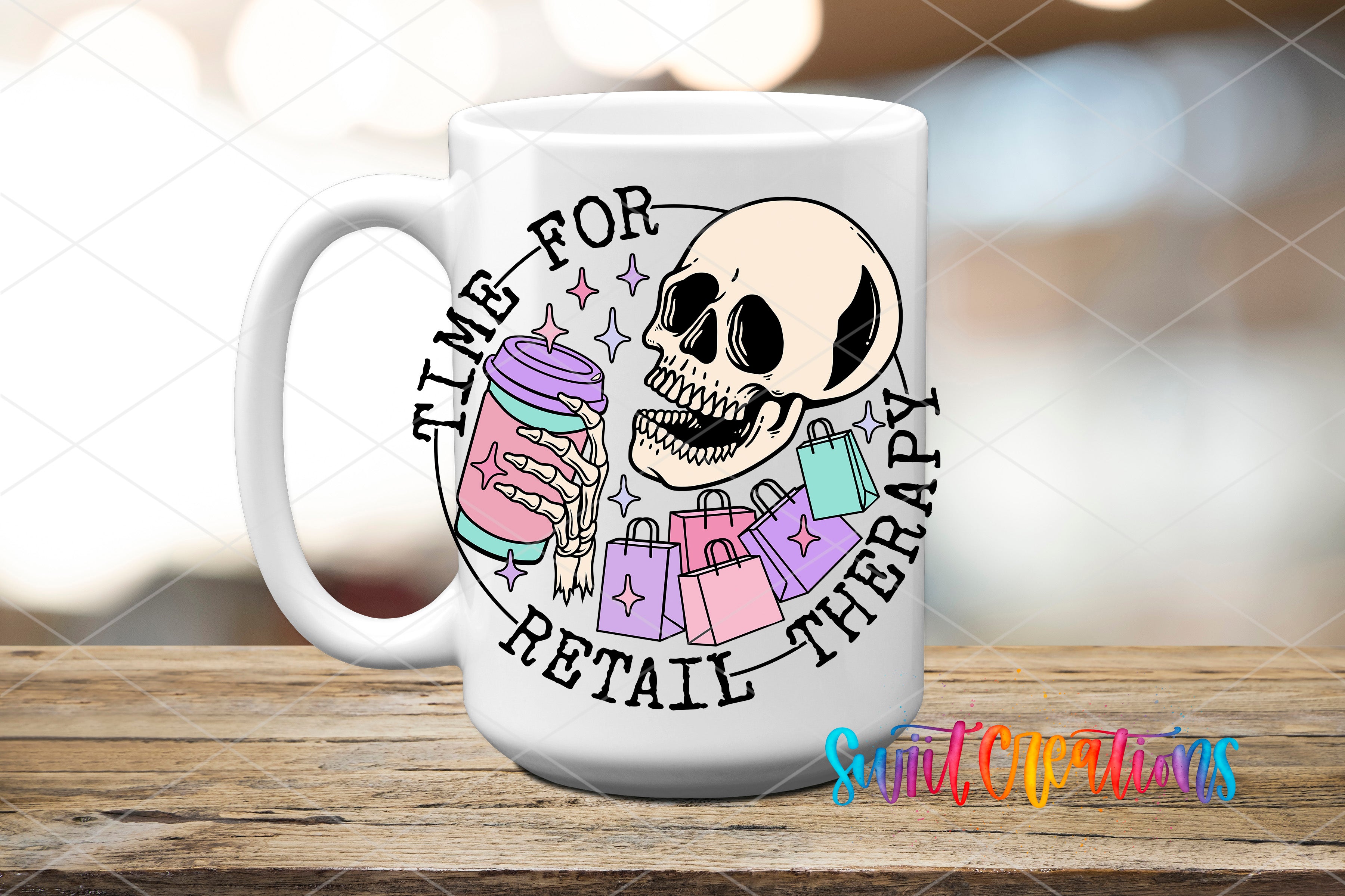 A white ceramic mug with a colorful graphic design featuring a skull, shopping bags, and the text "Time for Retail Therapy".