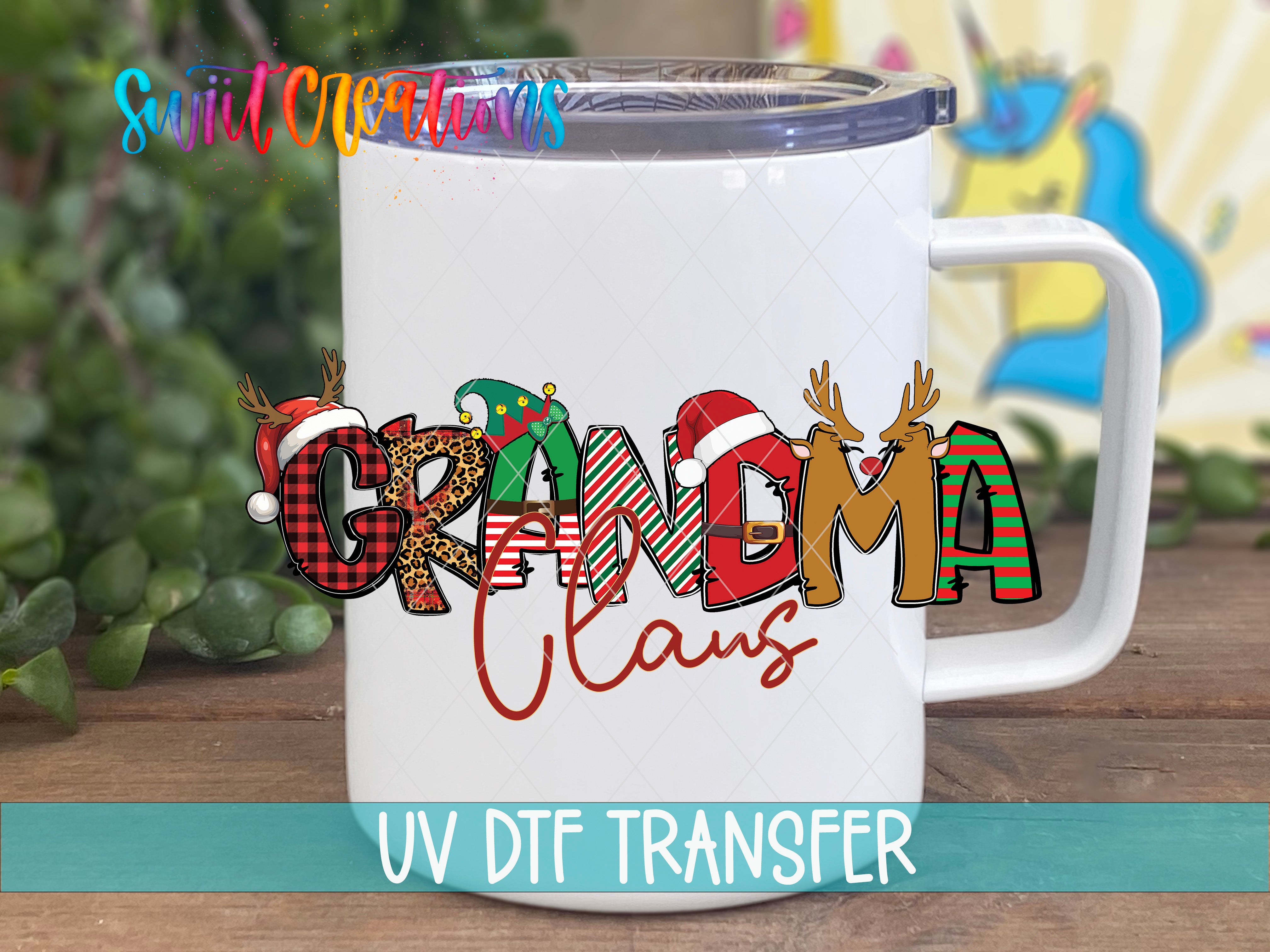 A white mug with a colorful design featuring the word "GRANDMA" in a playful font, along with various holiday-themed elements such as reindeer, Santa hats, and Christmas trees.