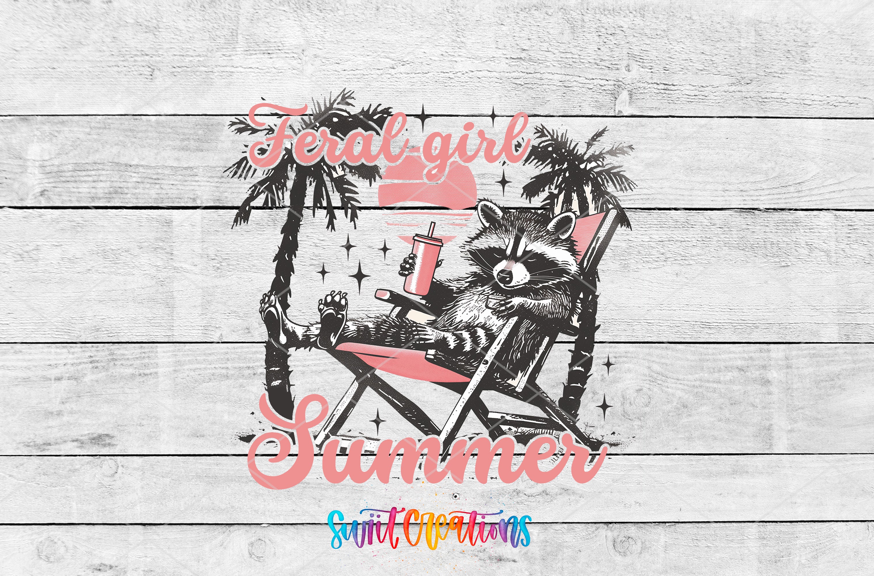 A raccoon sitting in a beach chair, holding a drink, with palm trees and a sunset in the background, and the text "Feral Girl Summer" and "Swift Creations" below.
