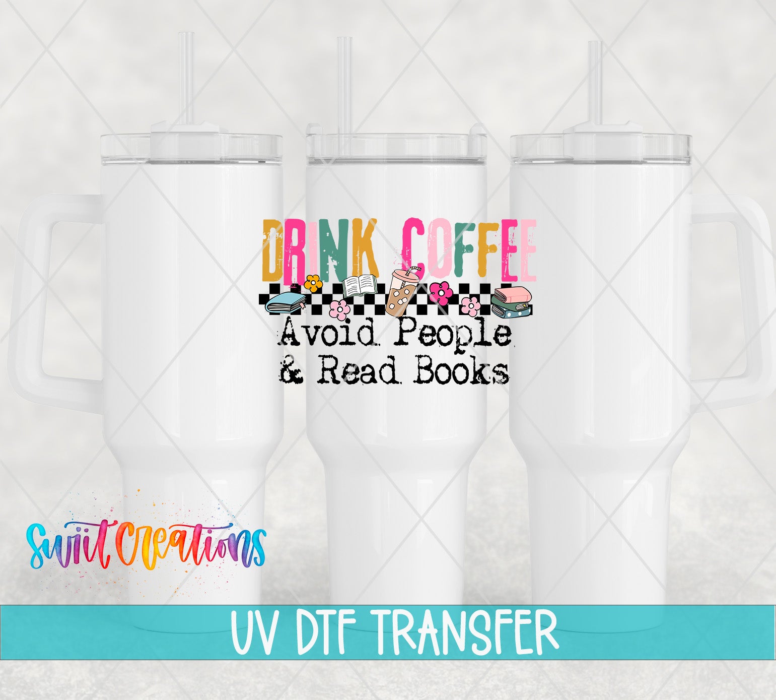 three white tumblers with a colorful design and text printed on them.