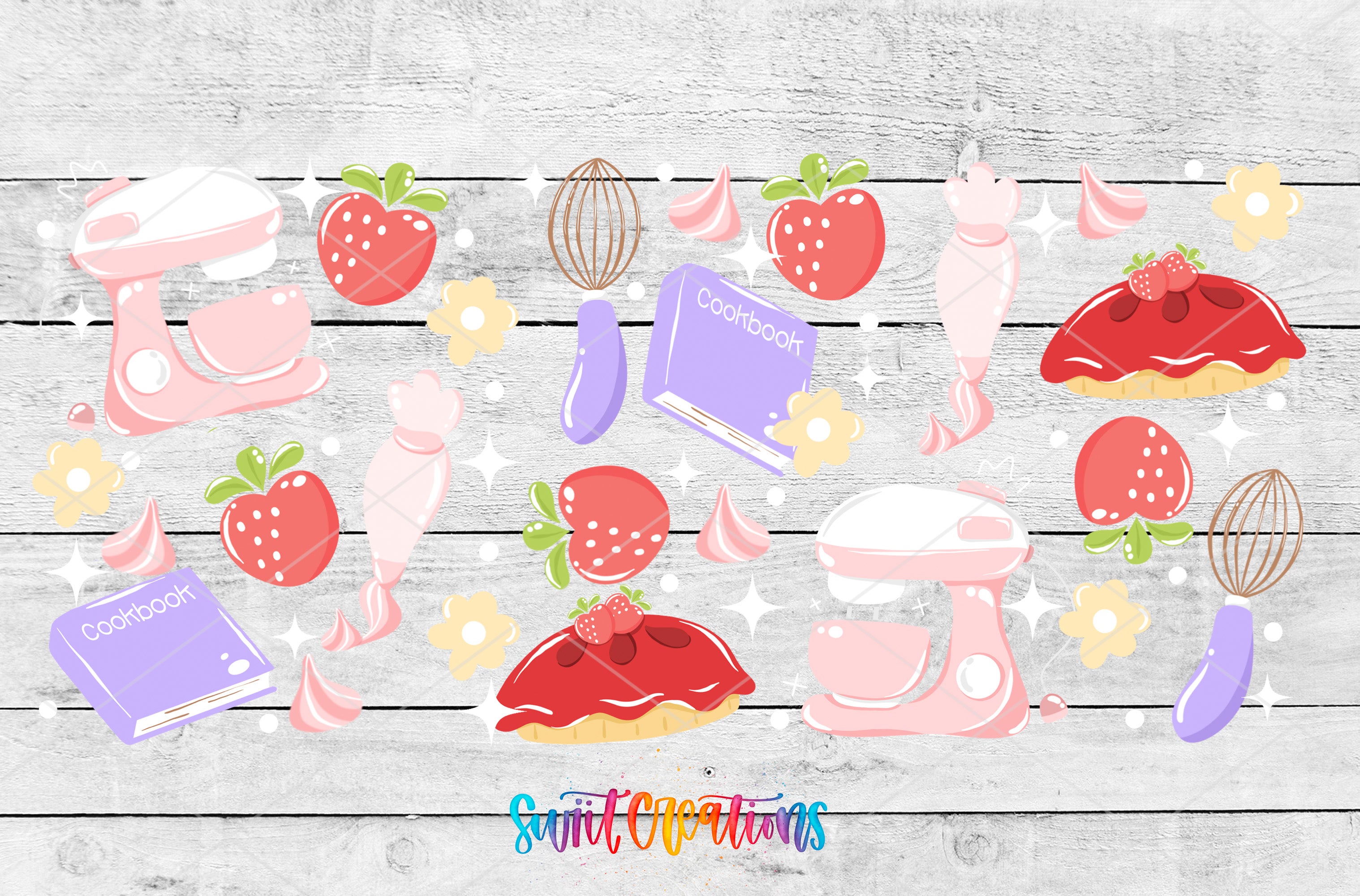 The image is a collage of various kitchen-related items and objects, including a mixer, a strawberry, a cake, a book, and other kitchen utensils, all set against a wooden background.