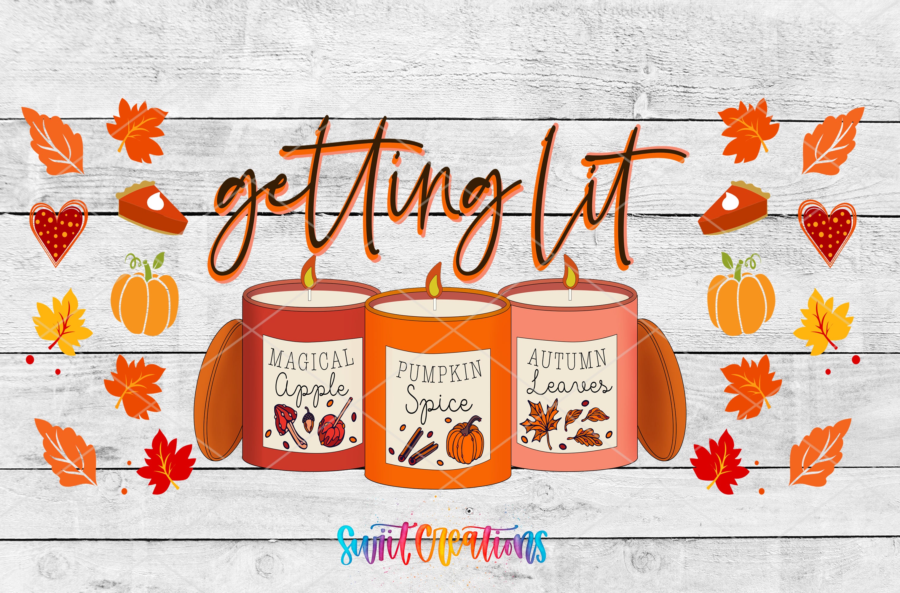 three candles labeled "MAGICAL APPLE PUMPKIN SPICE" and "AUTUMN LEAVES" against a white wooden background with autumn leaves.