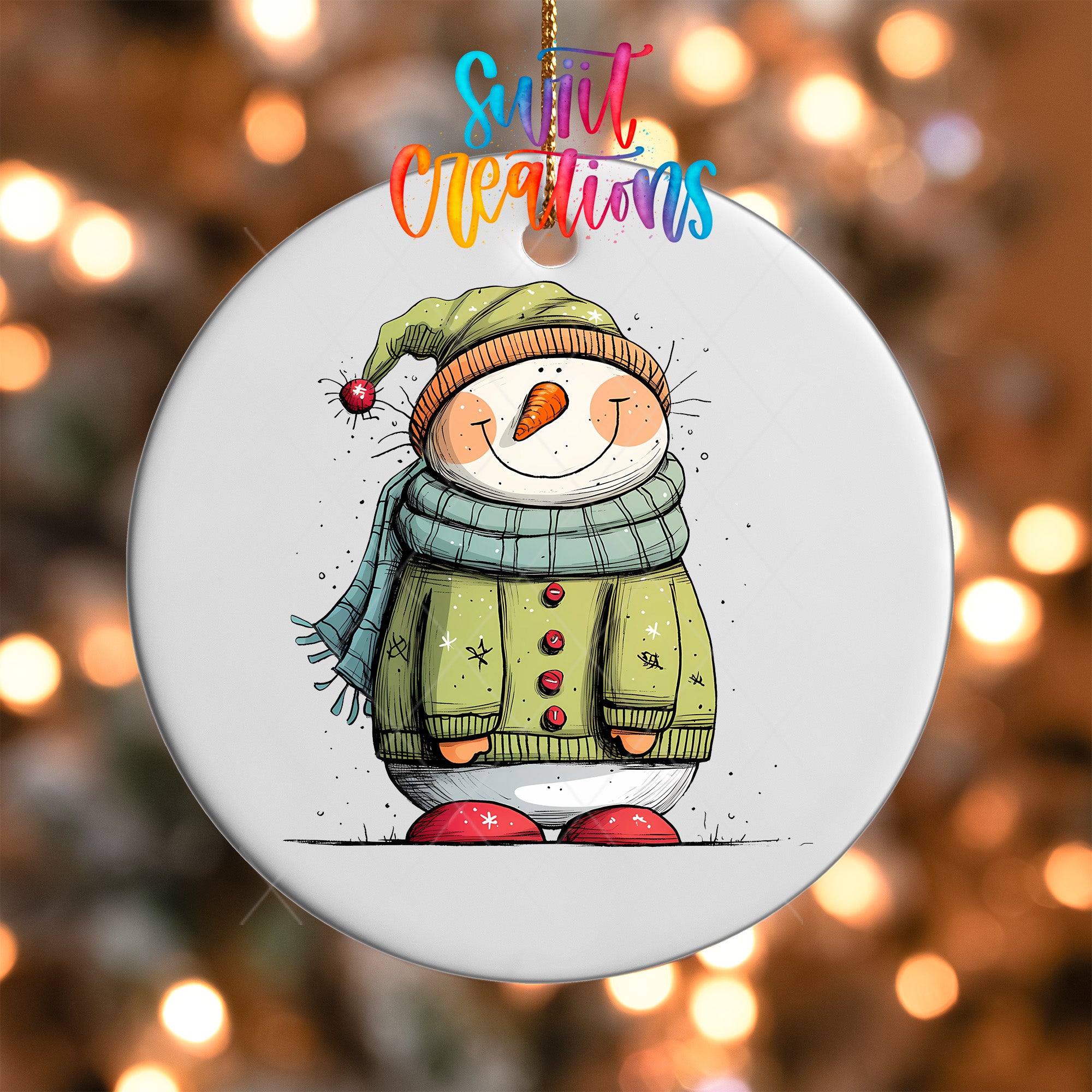 A snowman ornament with a green sweater, red shoes, and a carrot nose, set against a blurred background of Christmas lights.