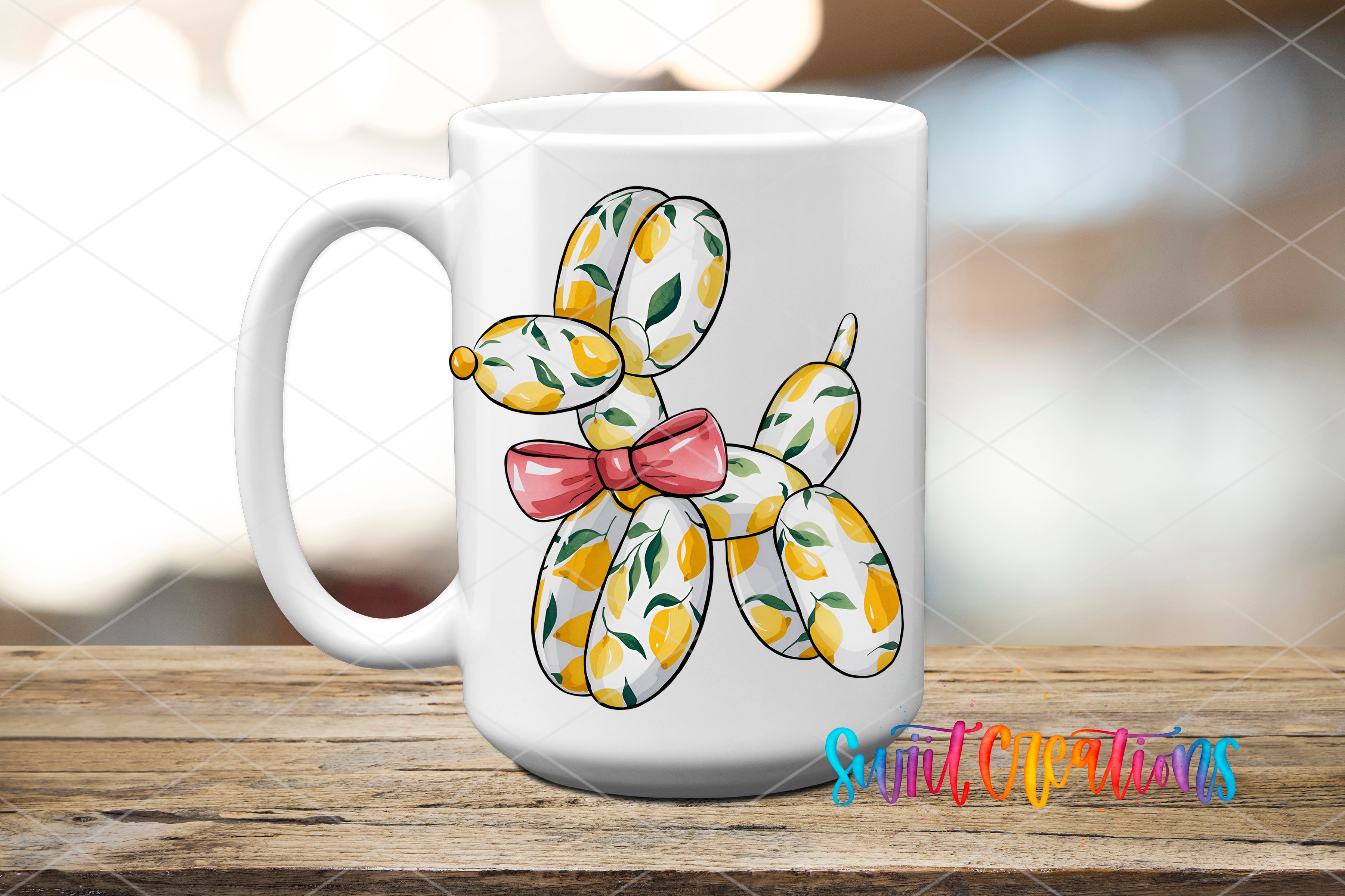 A white ceramic mug with a colorful illustration of a balloon dog on it, placed on a wooden surface.
