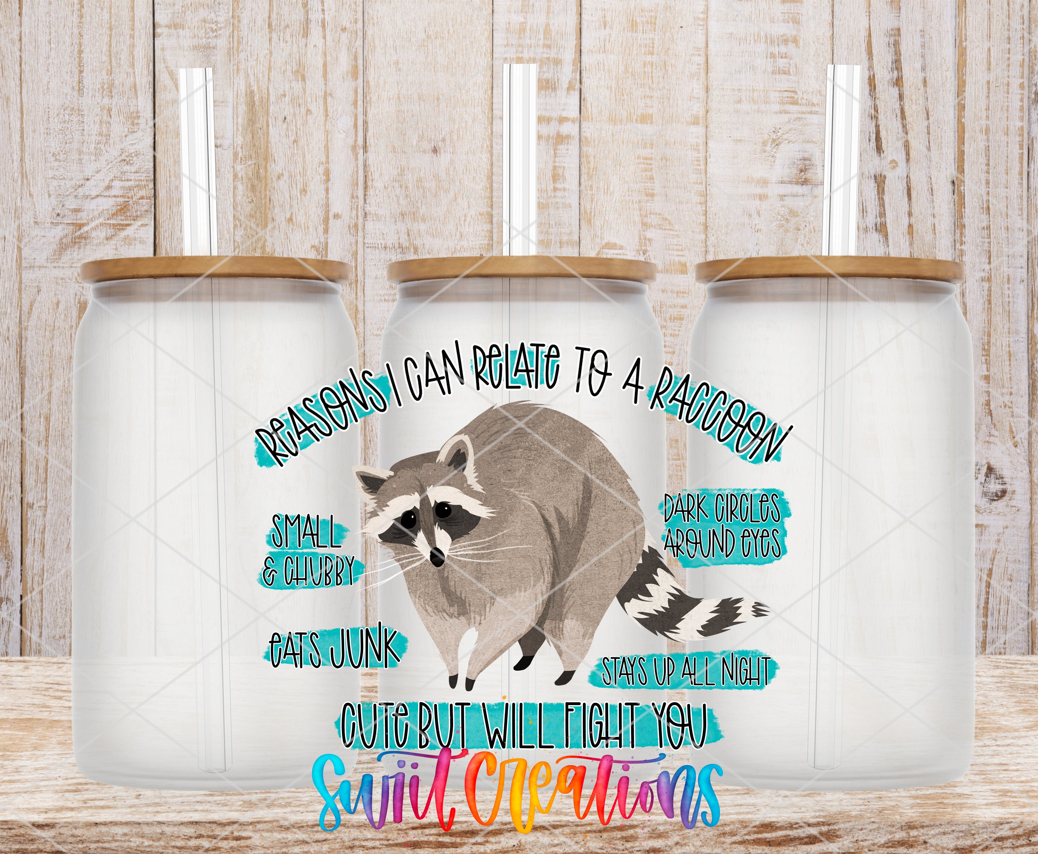 a raccoon with a straw in a jar, accompanied by text that provides humorous reasons for raccoons to be considered "rapping cans".