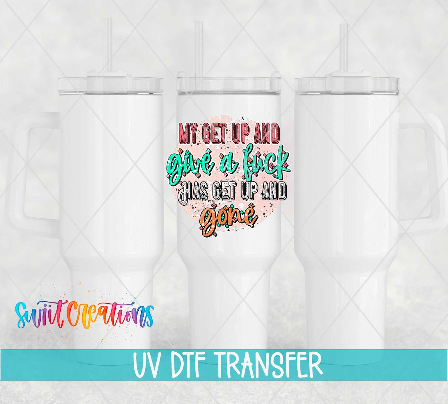three white tumblers with colorful text printed on them.