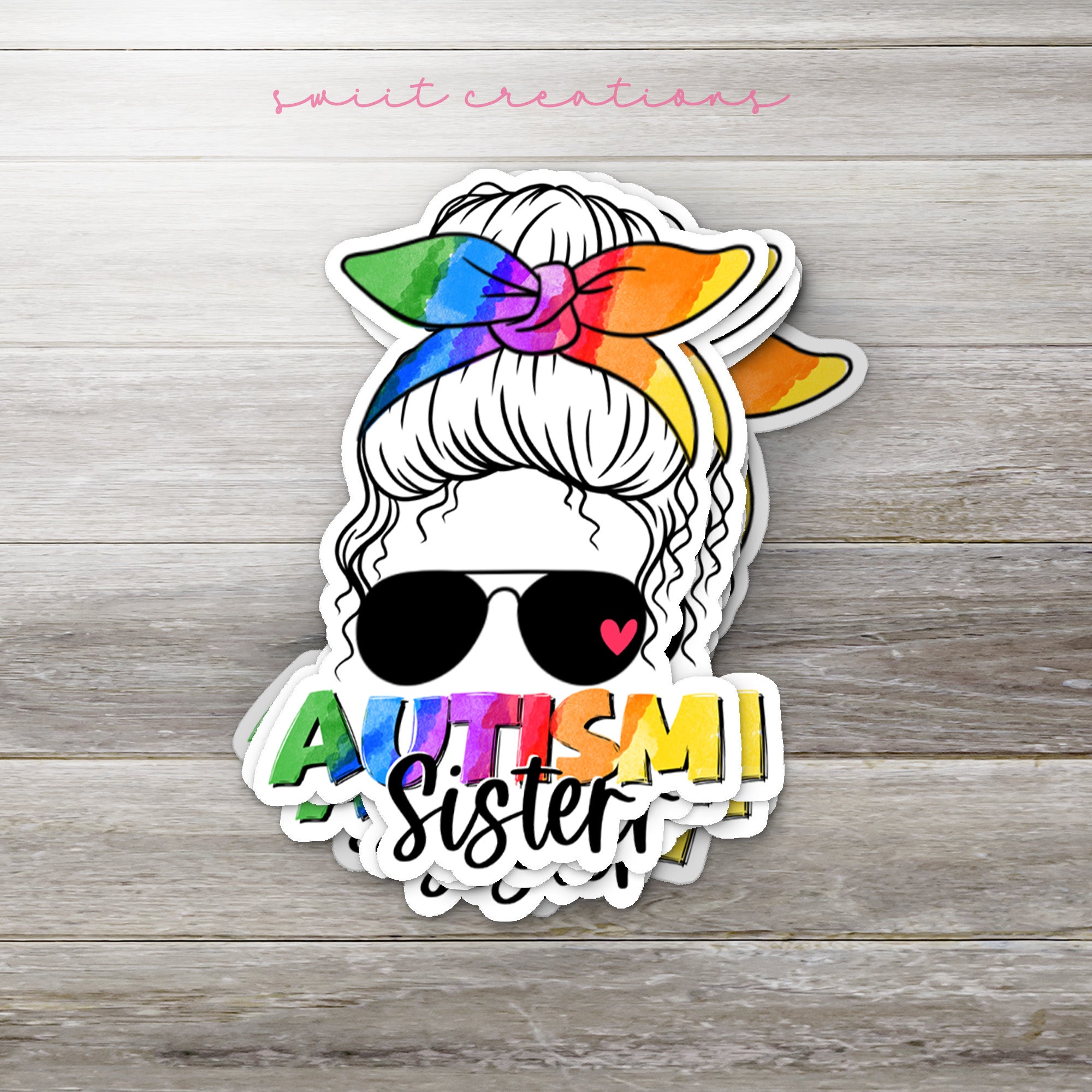 a sticker of a girl wearing sunglasses and a rainbow bow