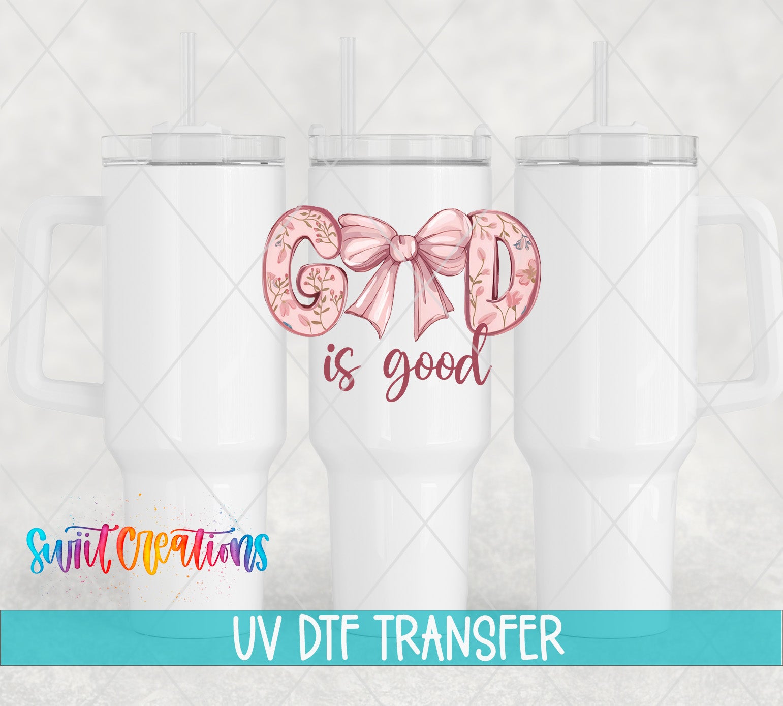 three white tumblers with a pink bow and the text "GOOD is good" printed on them.