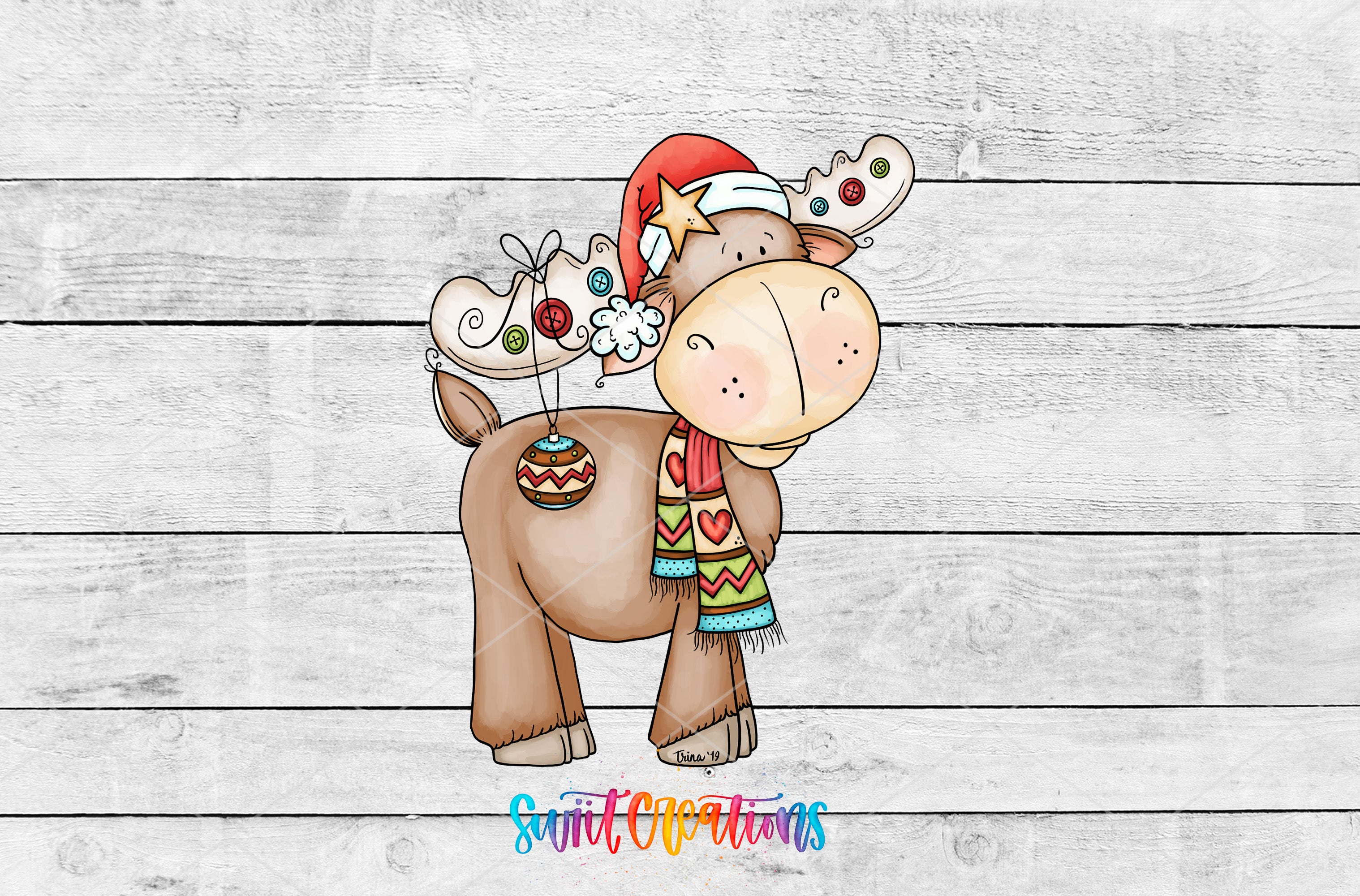 A cartoon reindeer wearing a Santa hat and scarf, with a Christmas ornament on its back, standing on a wooden background.