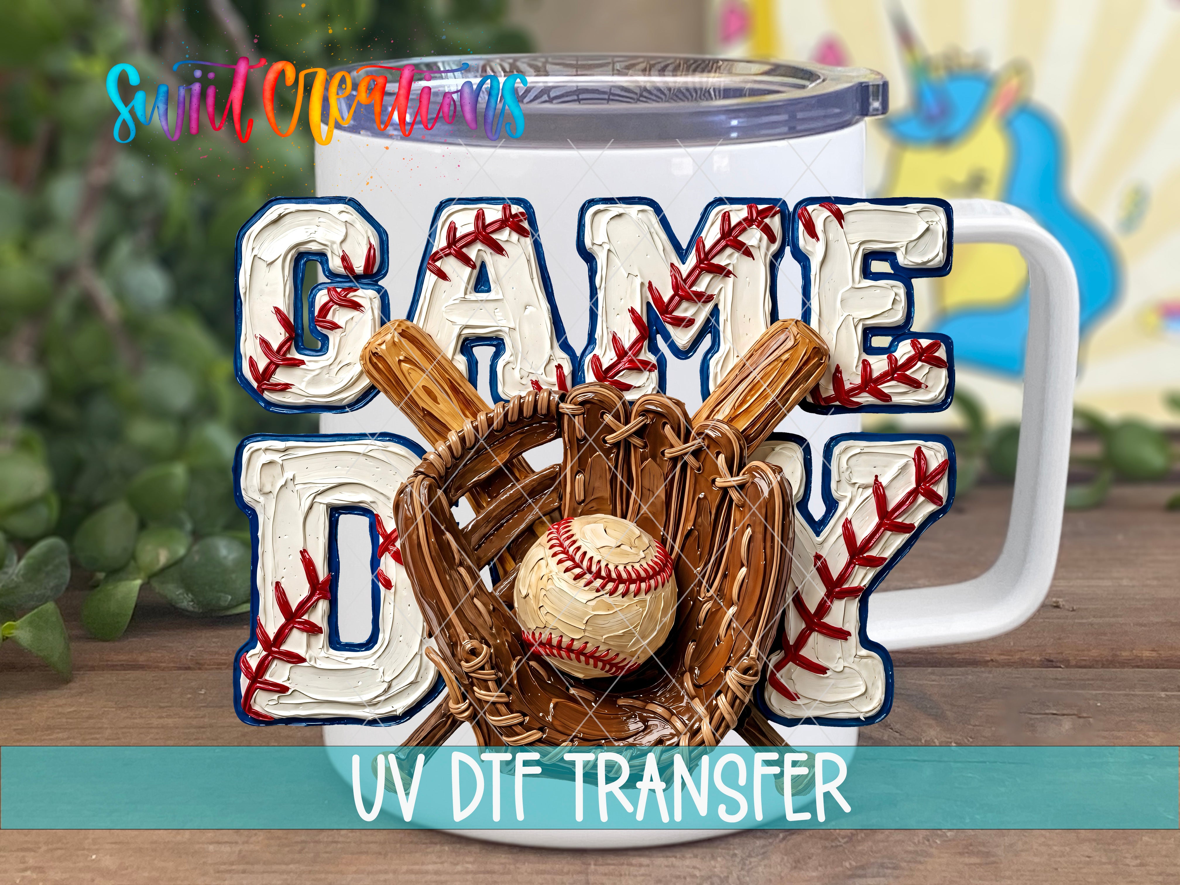 A white mug with the words "GAME DAY" and a baseball glove with a baseball inside, along with the text "UV Dtf Transfer" printed on it.